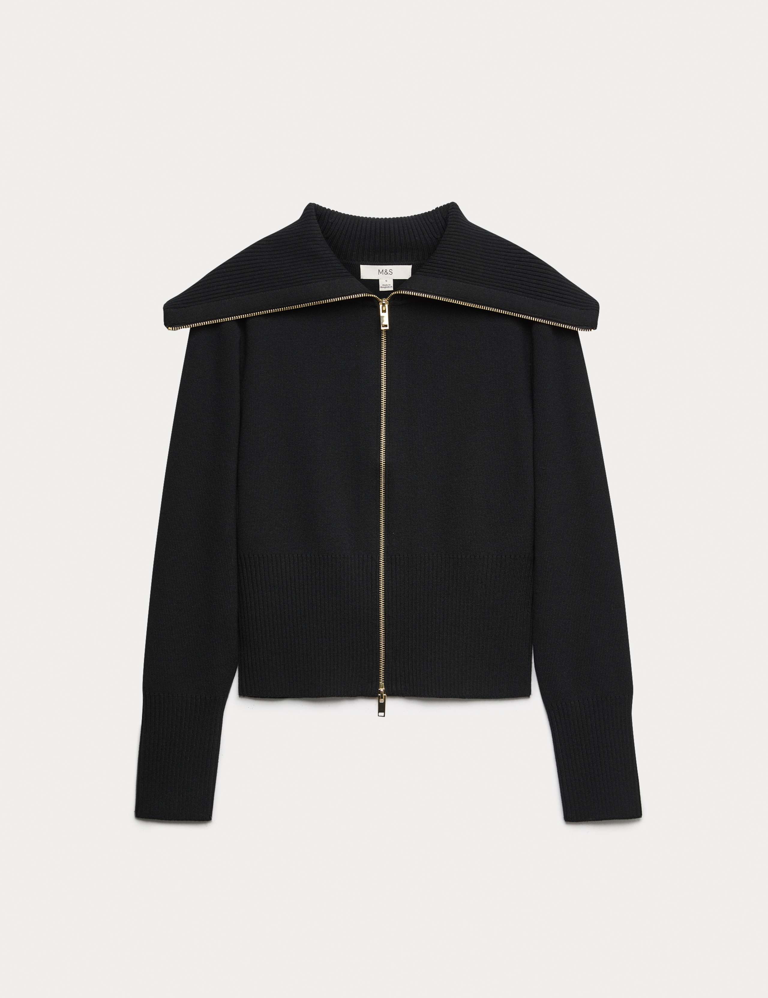 Collared Zip Up Slim Fit Knitted Jacket