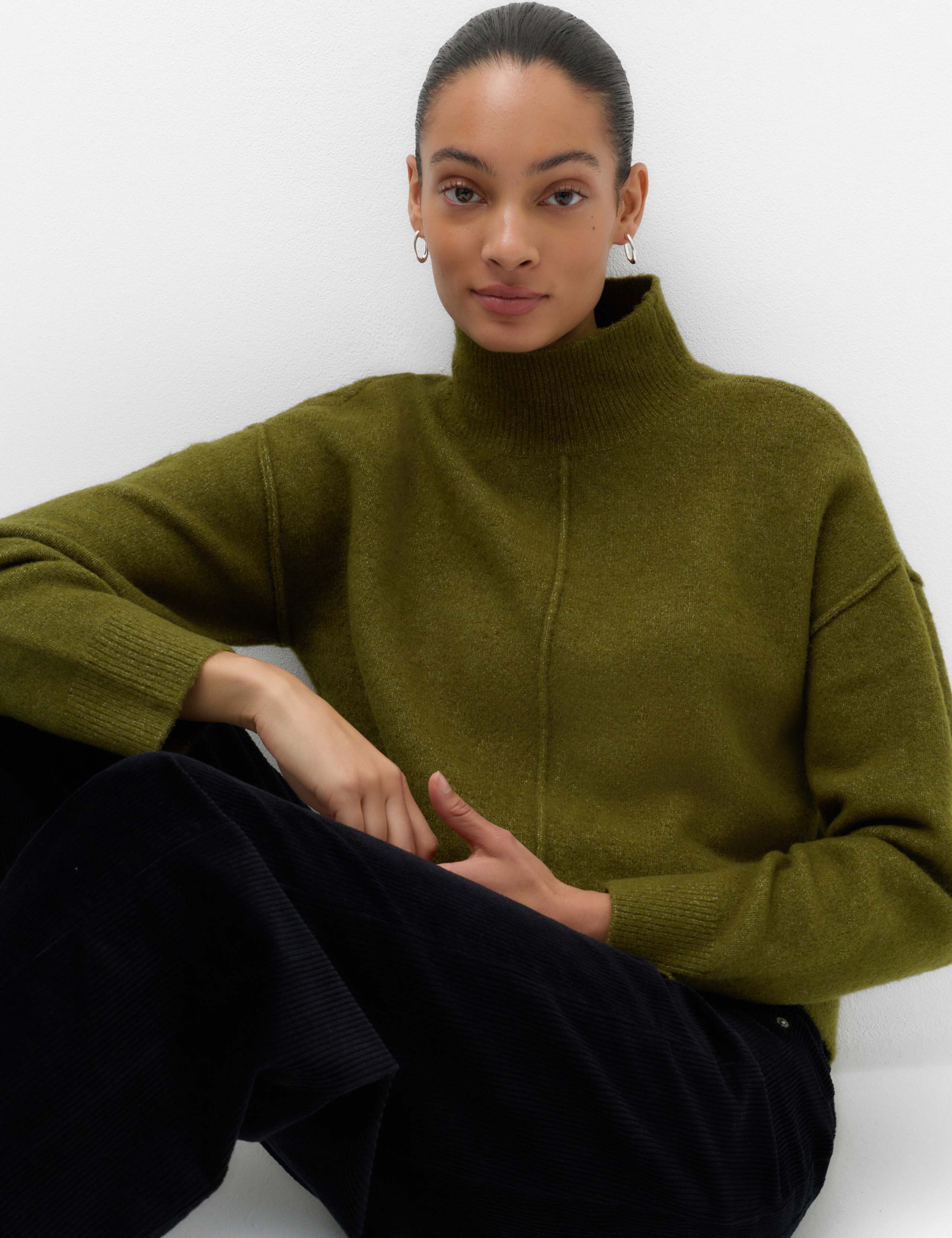 Funnel Neck Seam Detail Relaxed Jumper With Wool