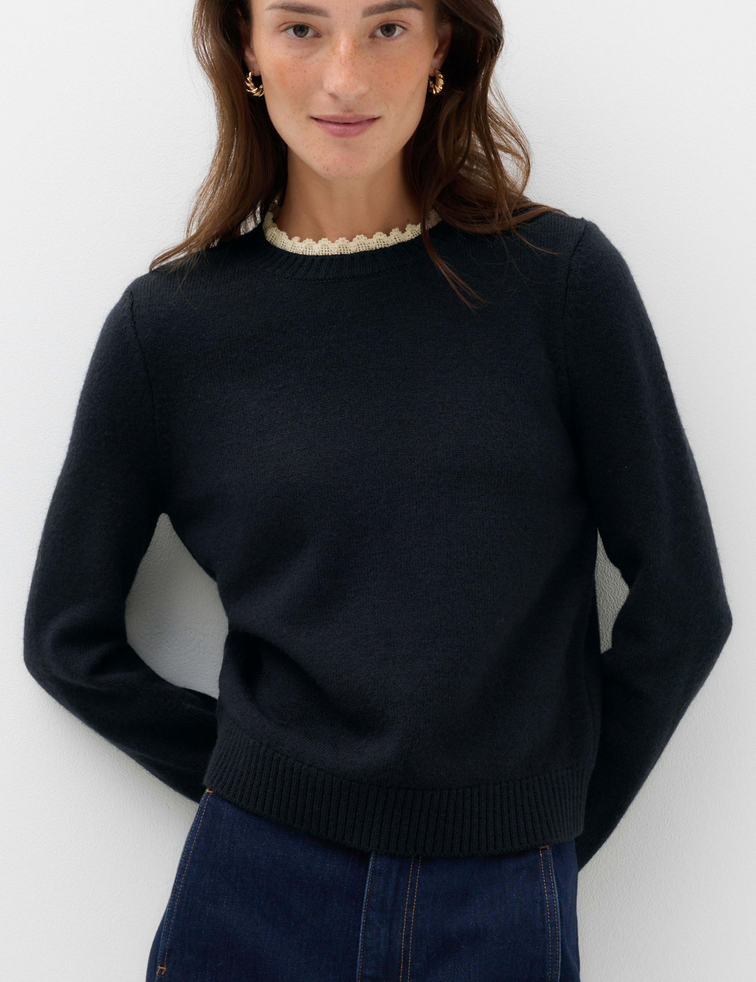 Lace Detail Crew Neck Jumper with Wool
