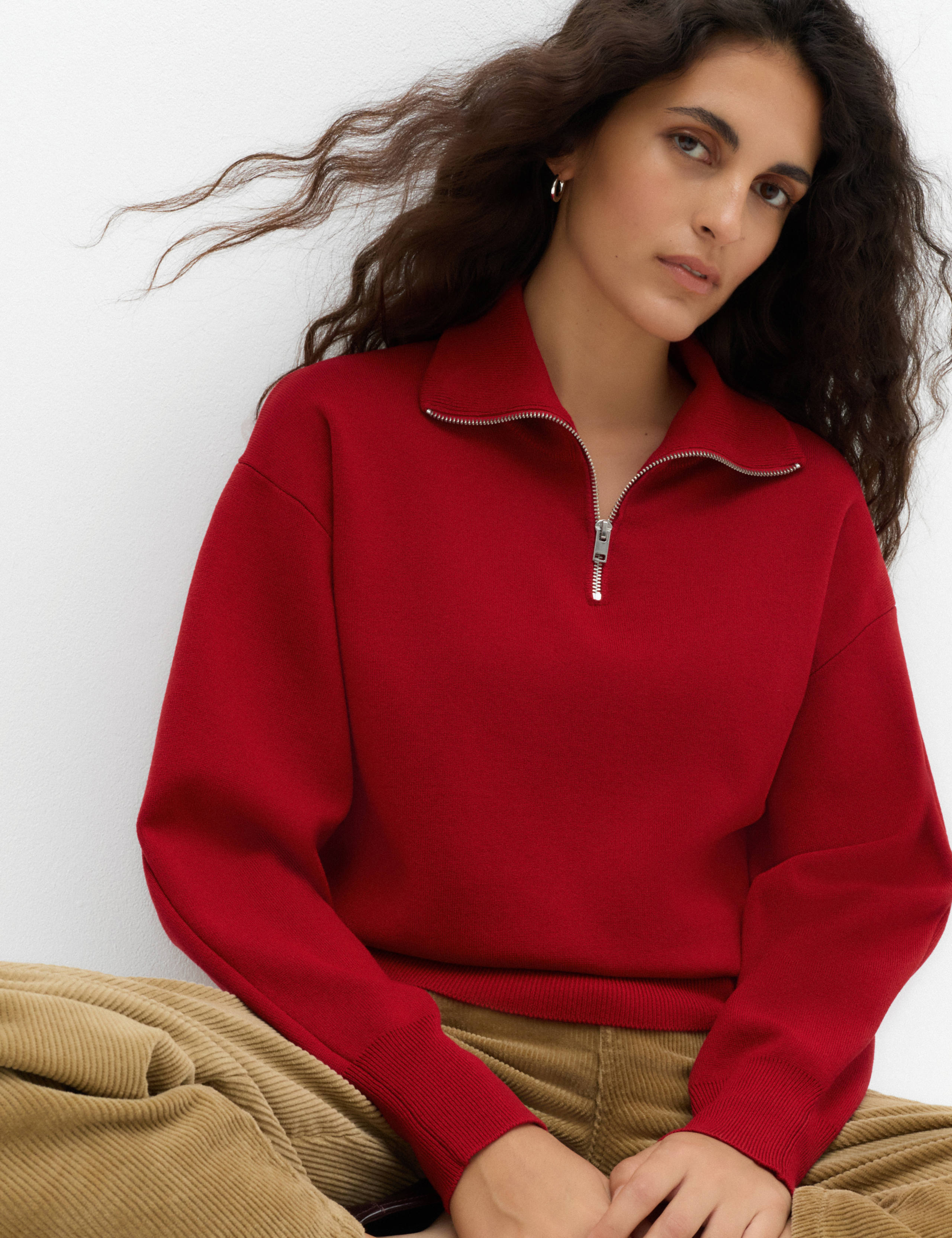Rayon Rich Collared Zip Up Relaxed Jumper
