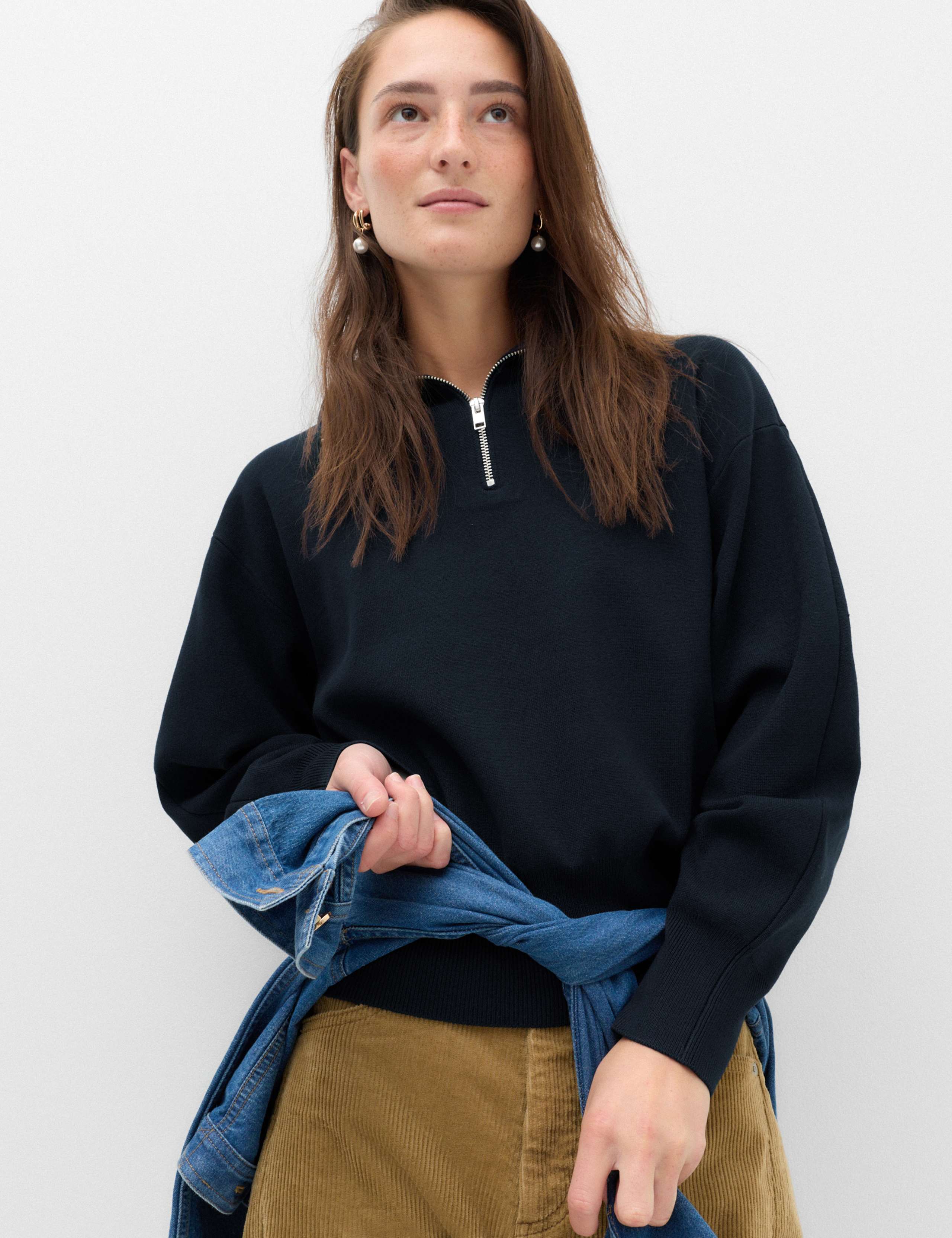 Rayon Rich Collared Zip Up Relaxed Jumper