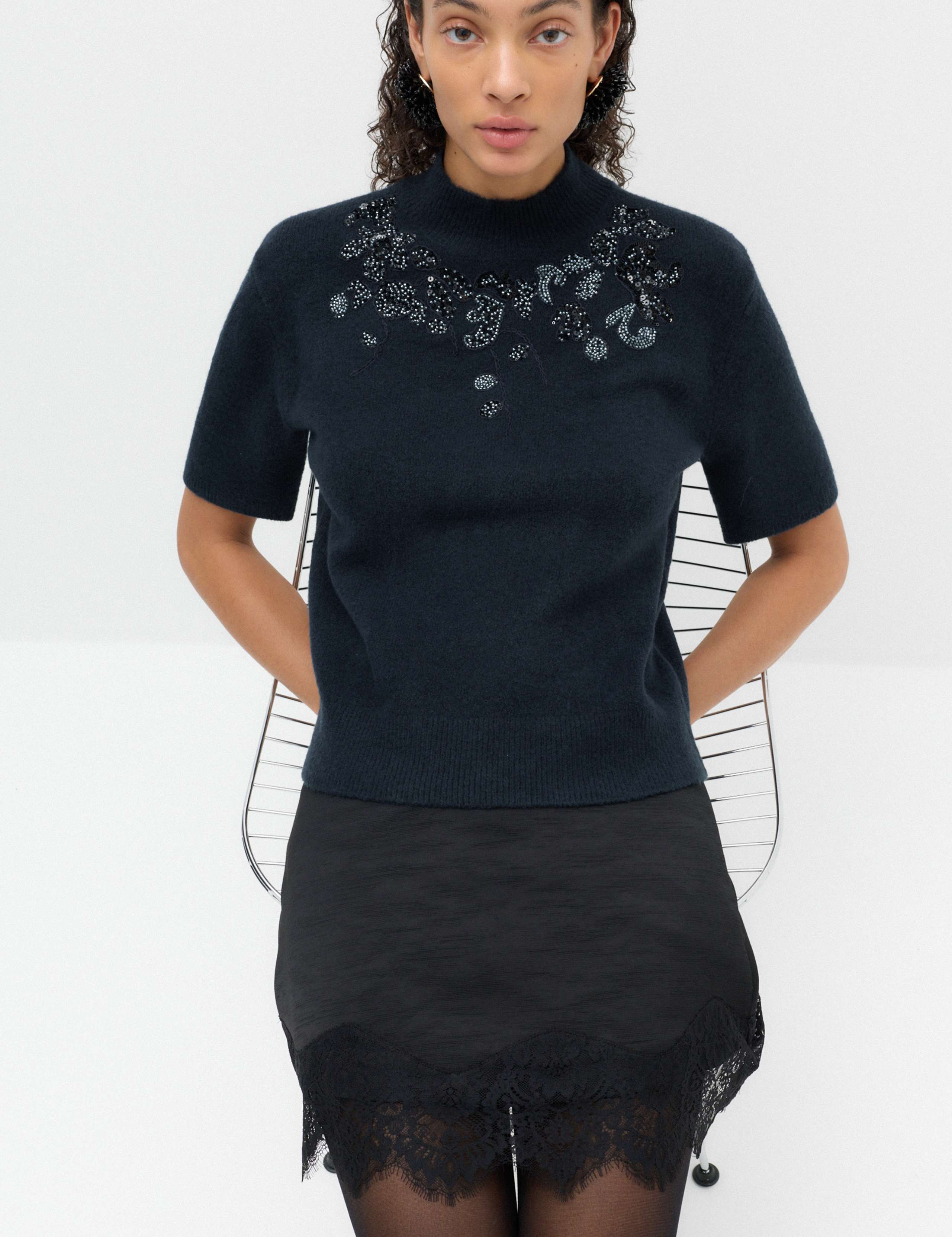 Embellished Funnel Neck Knitted Top with Wool