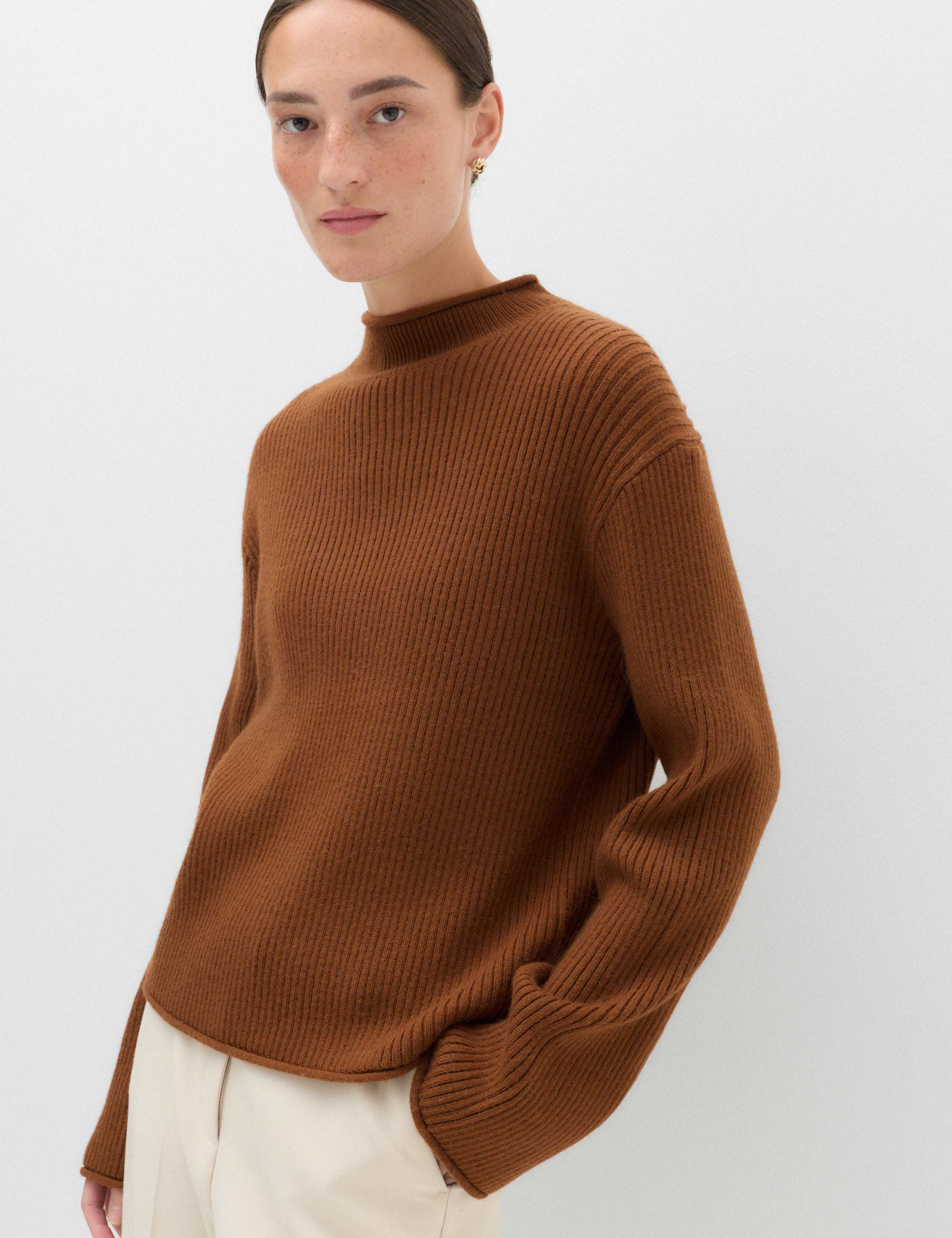 Wool Blend Ribbed Funnel Neck Jumper