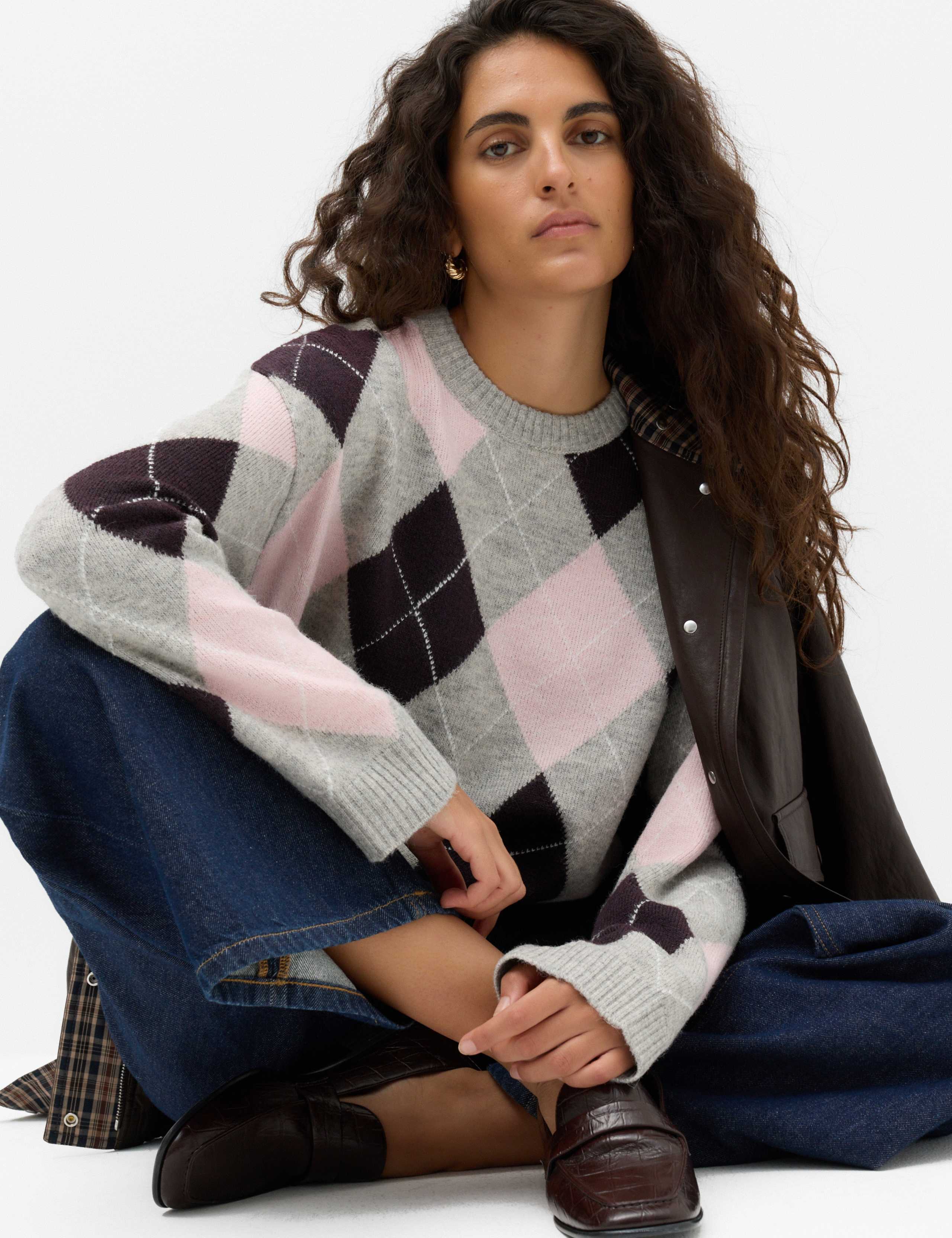 Argyle Crew Neck Relaxed Jumper