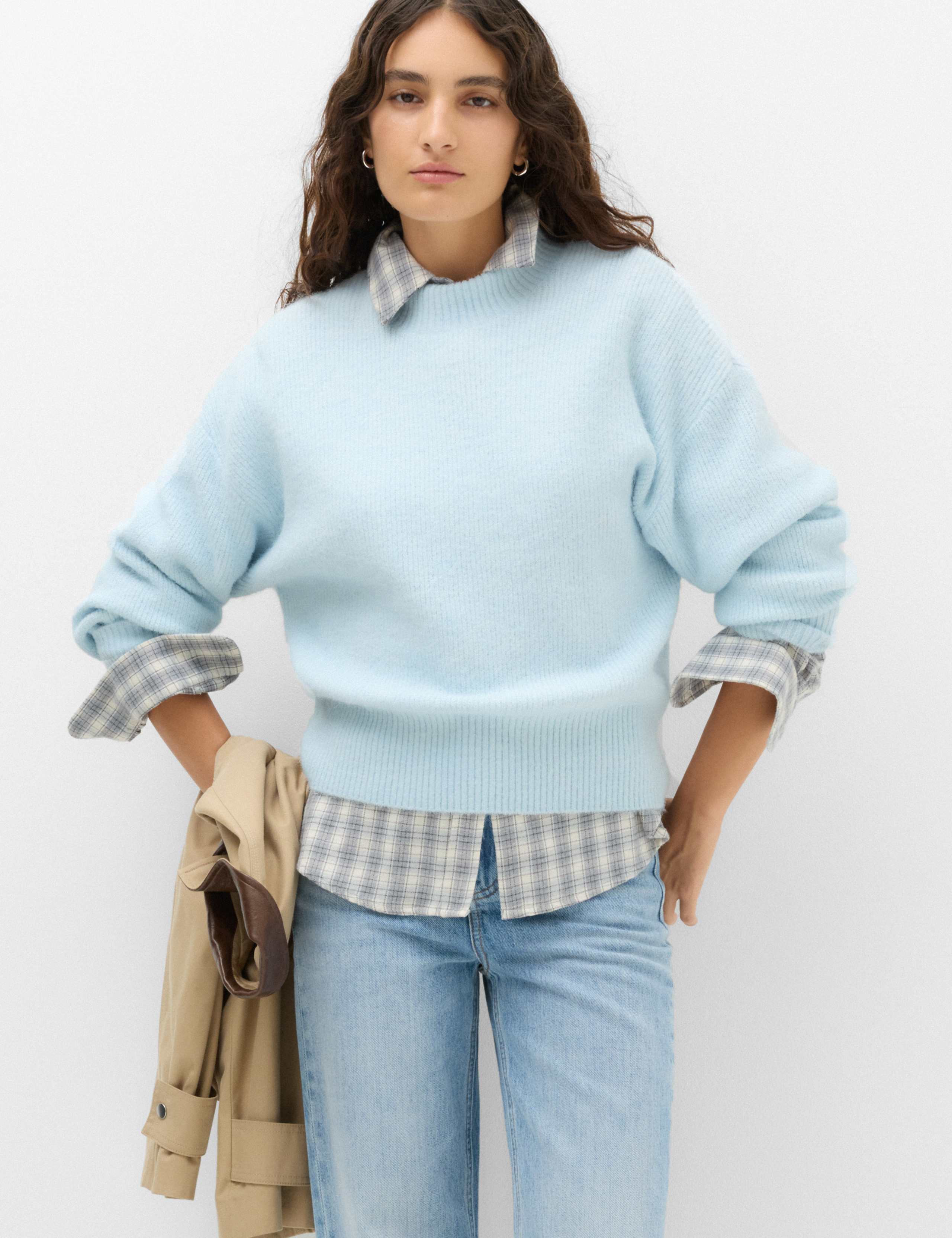Crew Neck Drop Sleeve Relaxed Fit Jumper With Wool