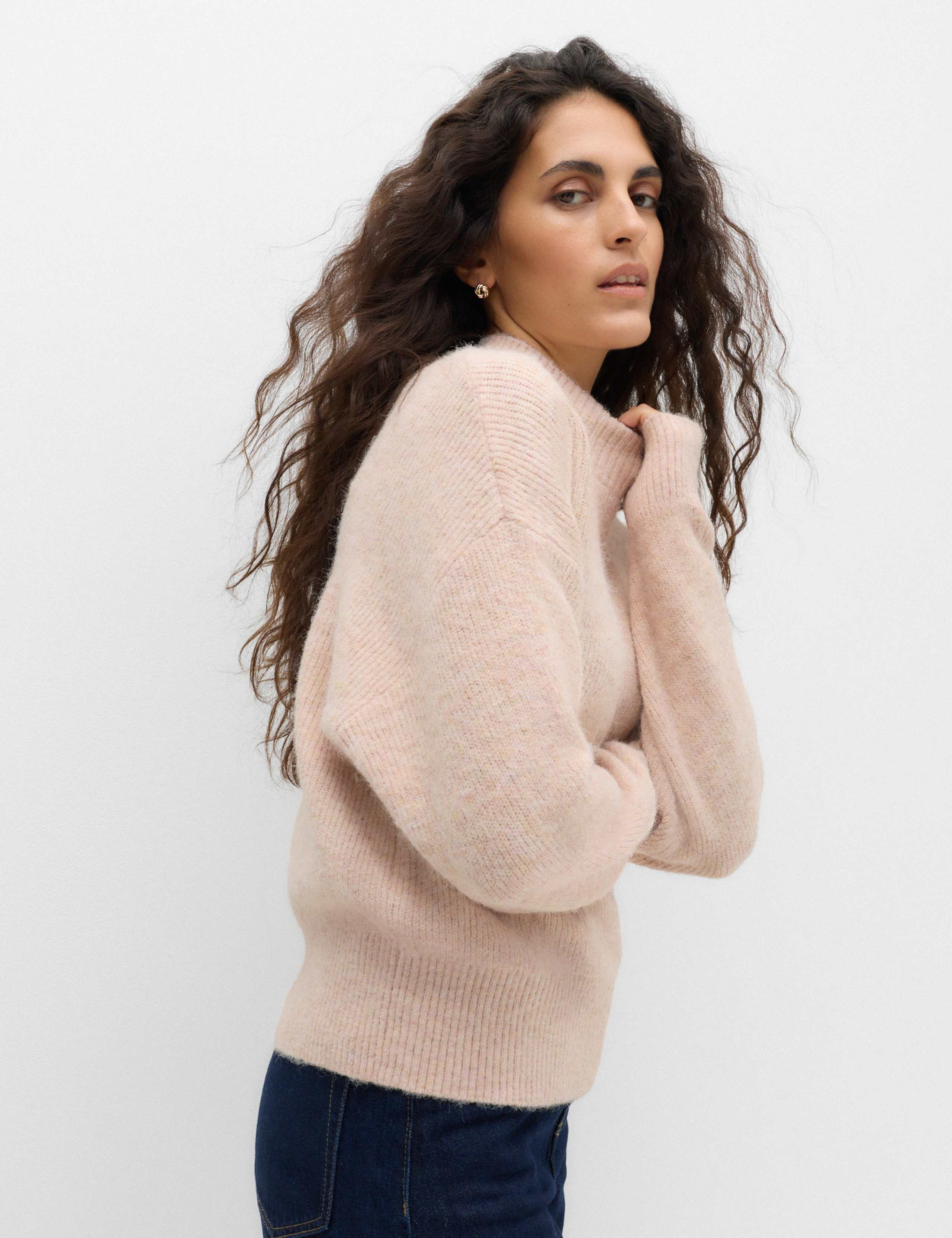 Crew Neck Drop Sleeve Relaxed Fit Jumper With Wool