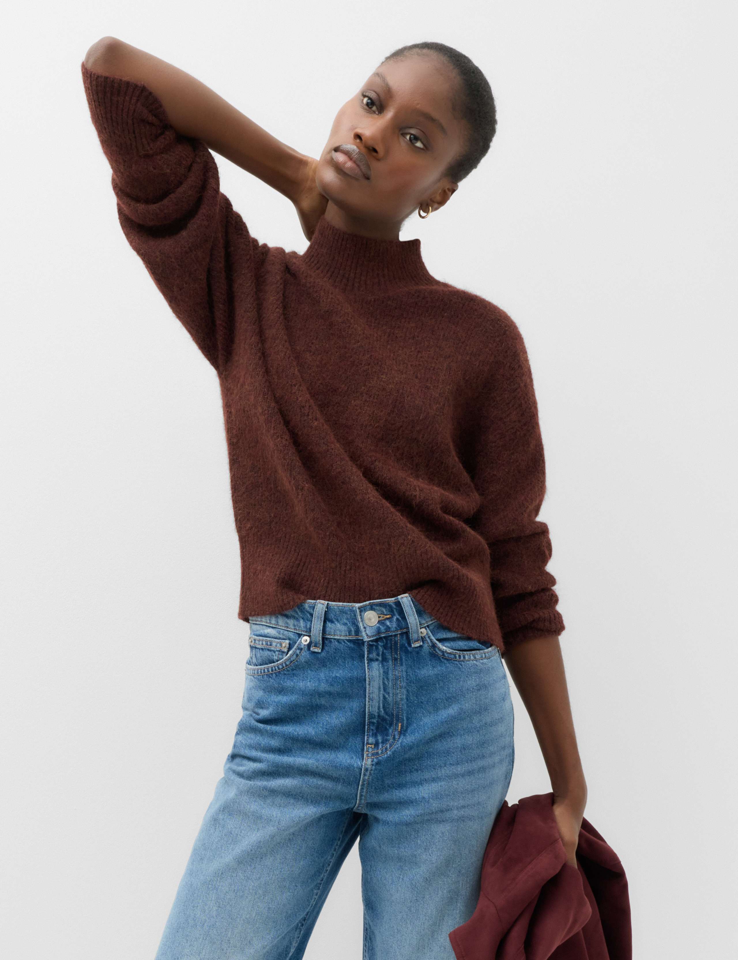 Crew Neck Drop Sleeve Relaxed Fit Jumper With Wool