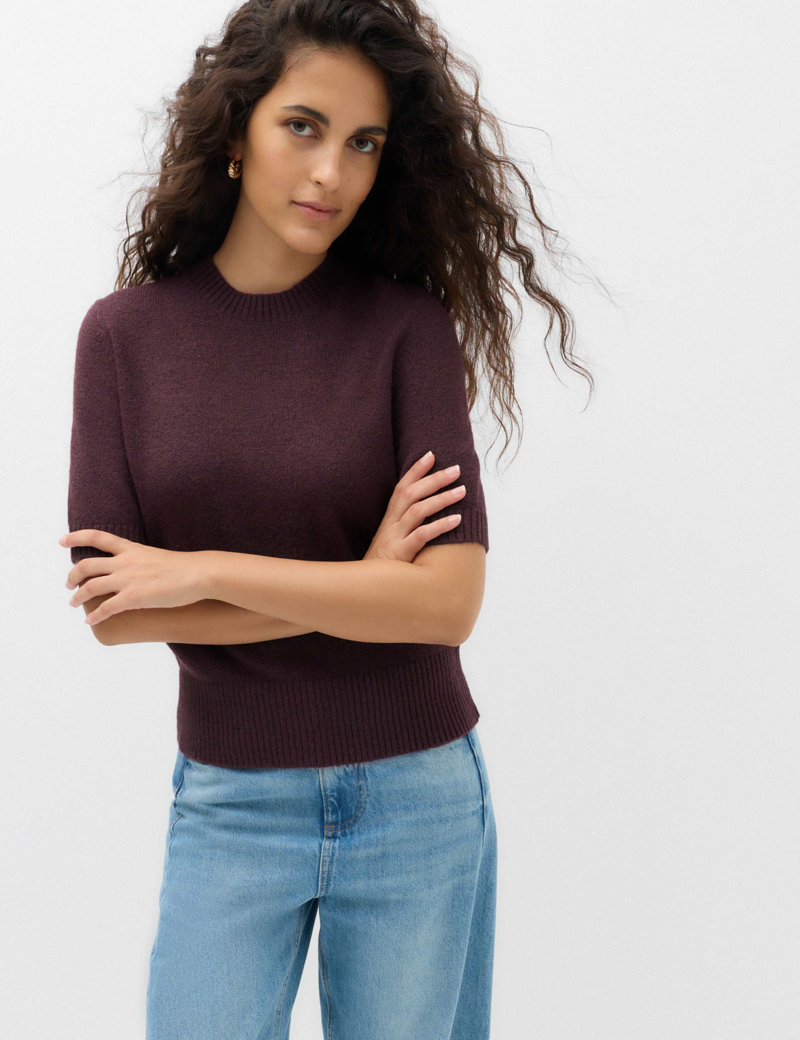 Slim Fit Hairy Crew Neck Knitted Top