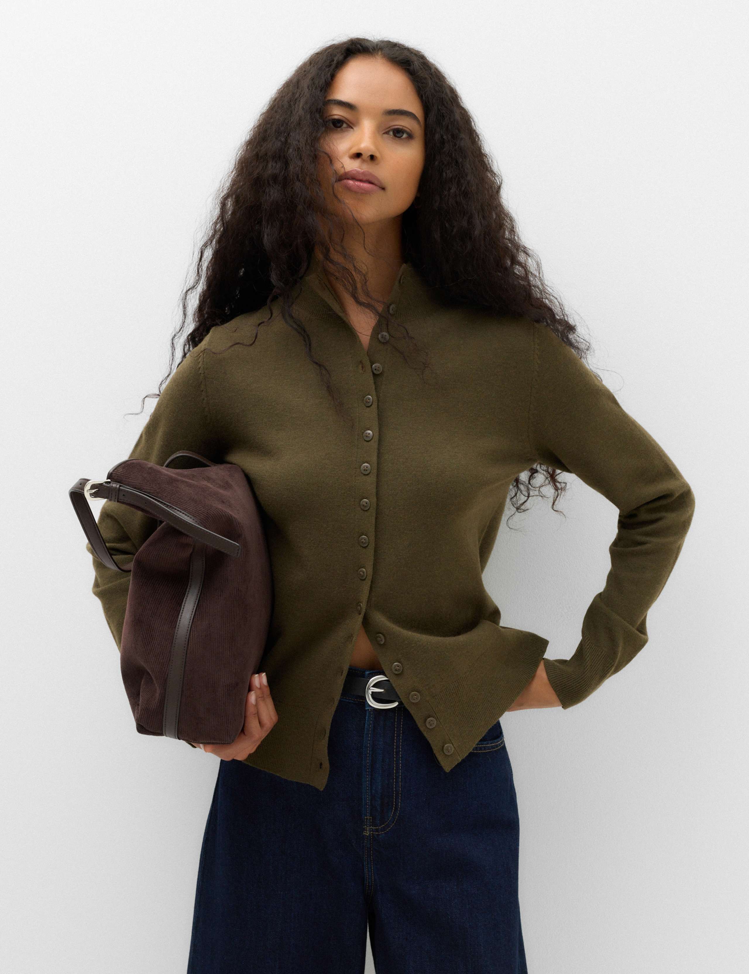 Funnel Neck Slim Fit Cardigan with Wool