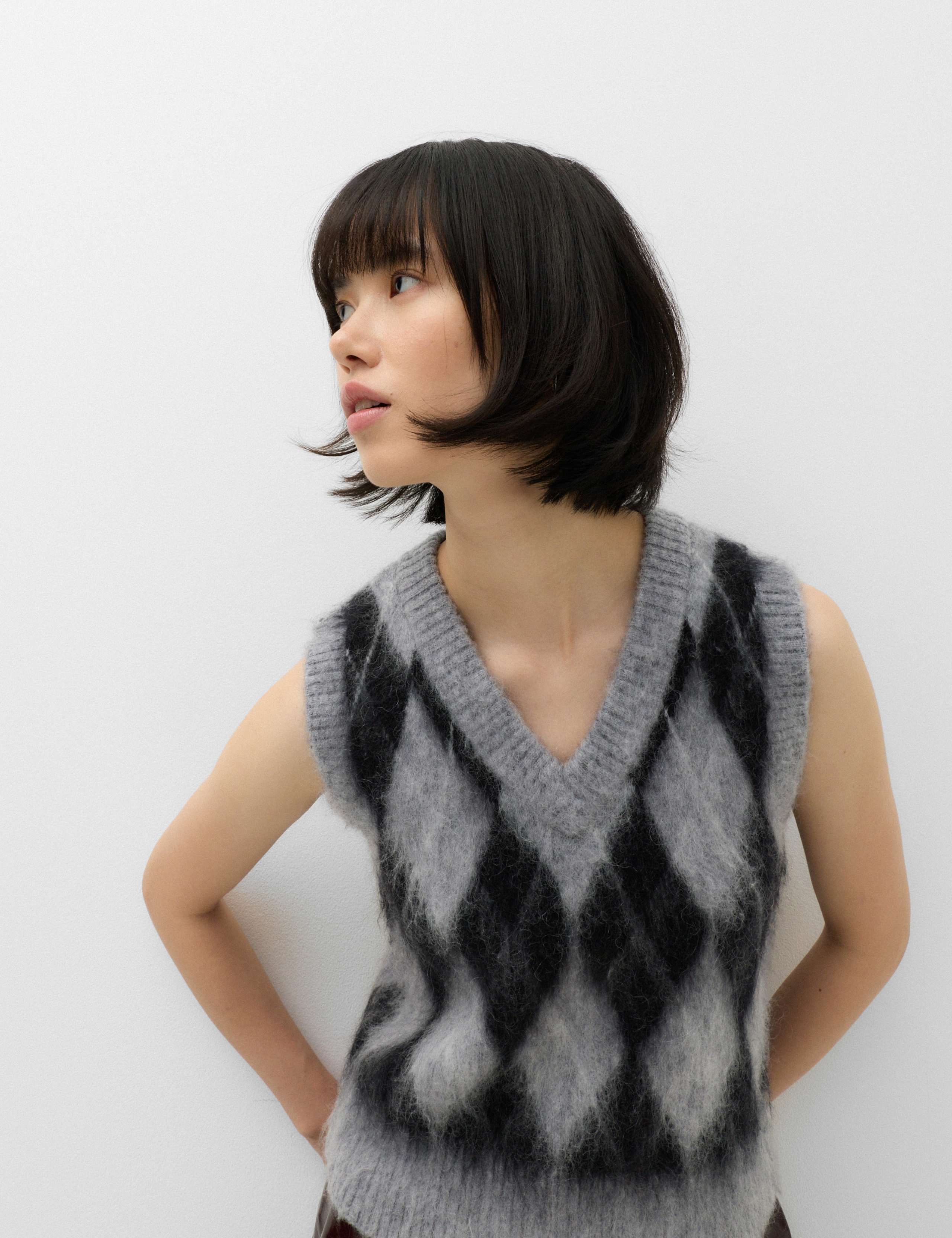 Brushed Argyle Knitted Vest with Mohair