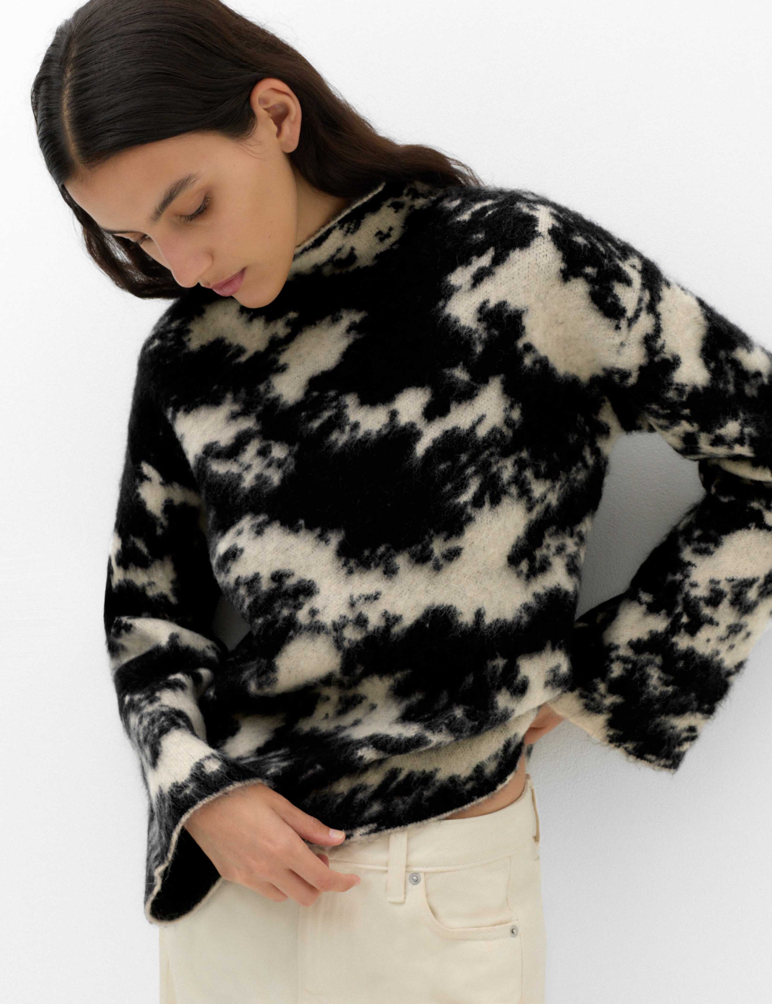 Wool Blend Animal Print Funnel Neck Jumper