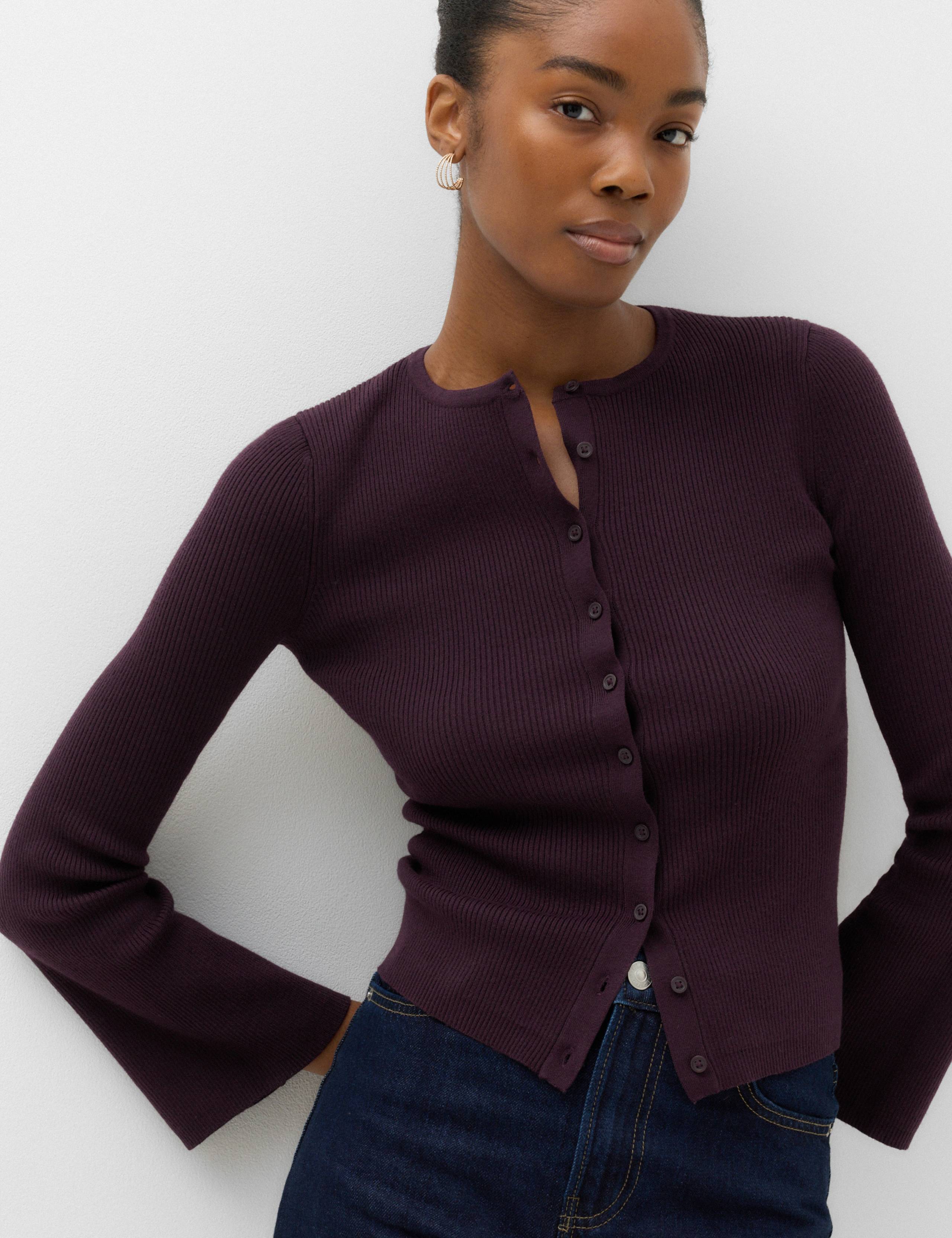 Ribbed Slim Fit Cropped Cardigan with Wool