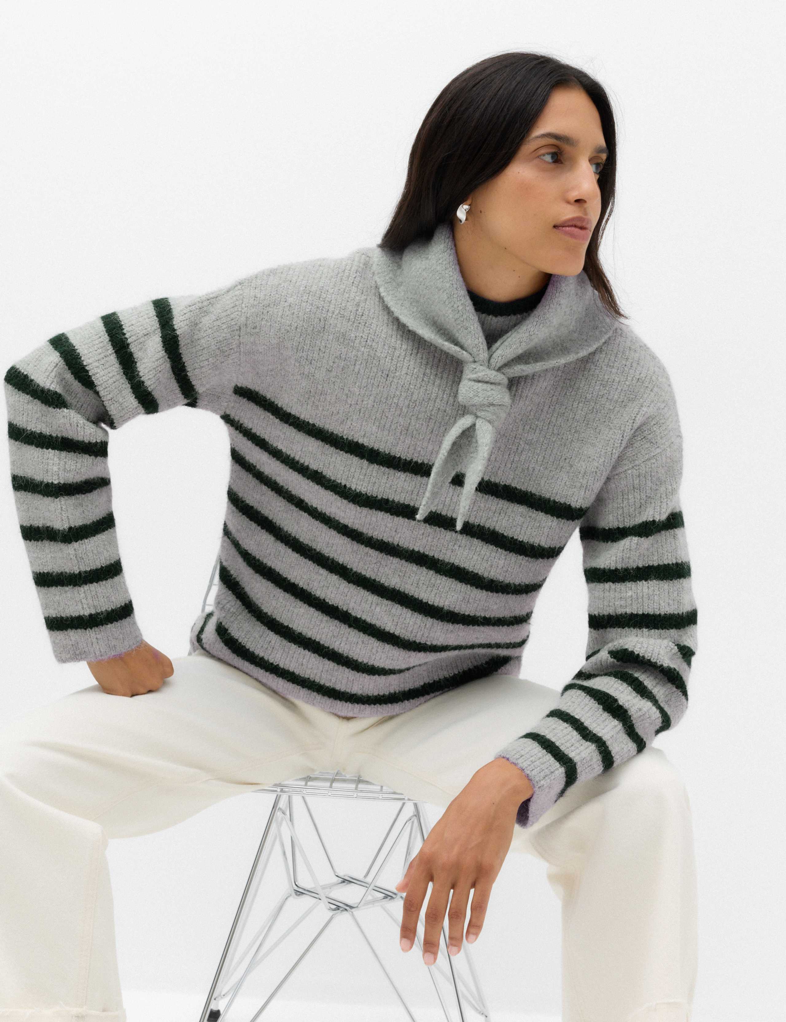 Striped Crew Neck Longline Jumper with Wool