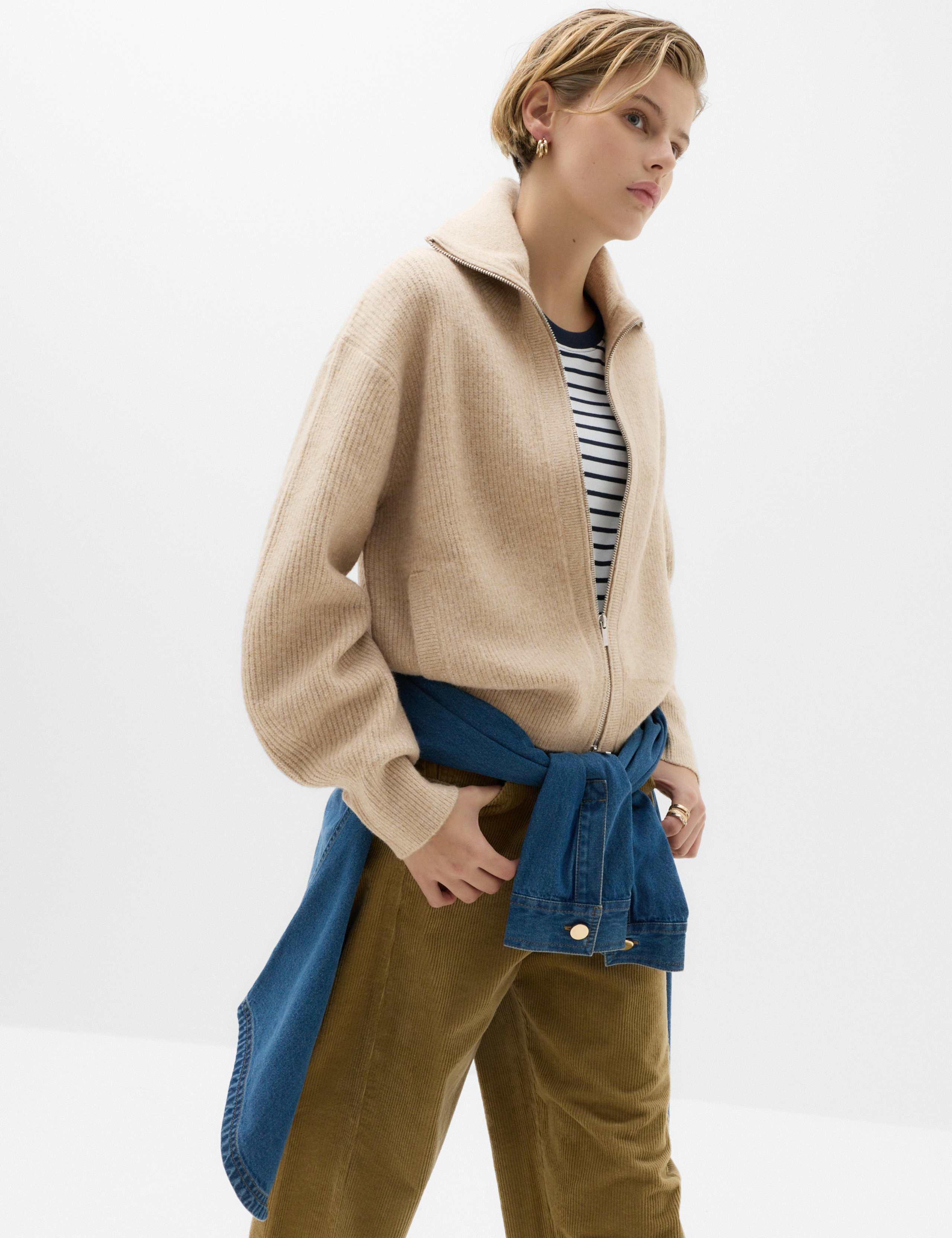 Textured Funnel Neck Relaxed Cardigan With Wool
