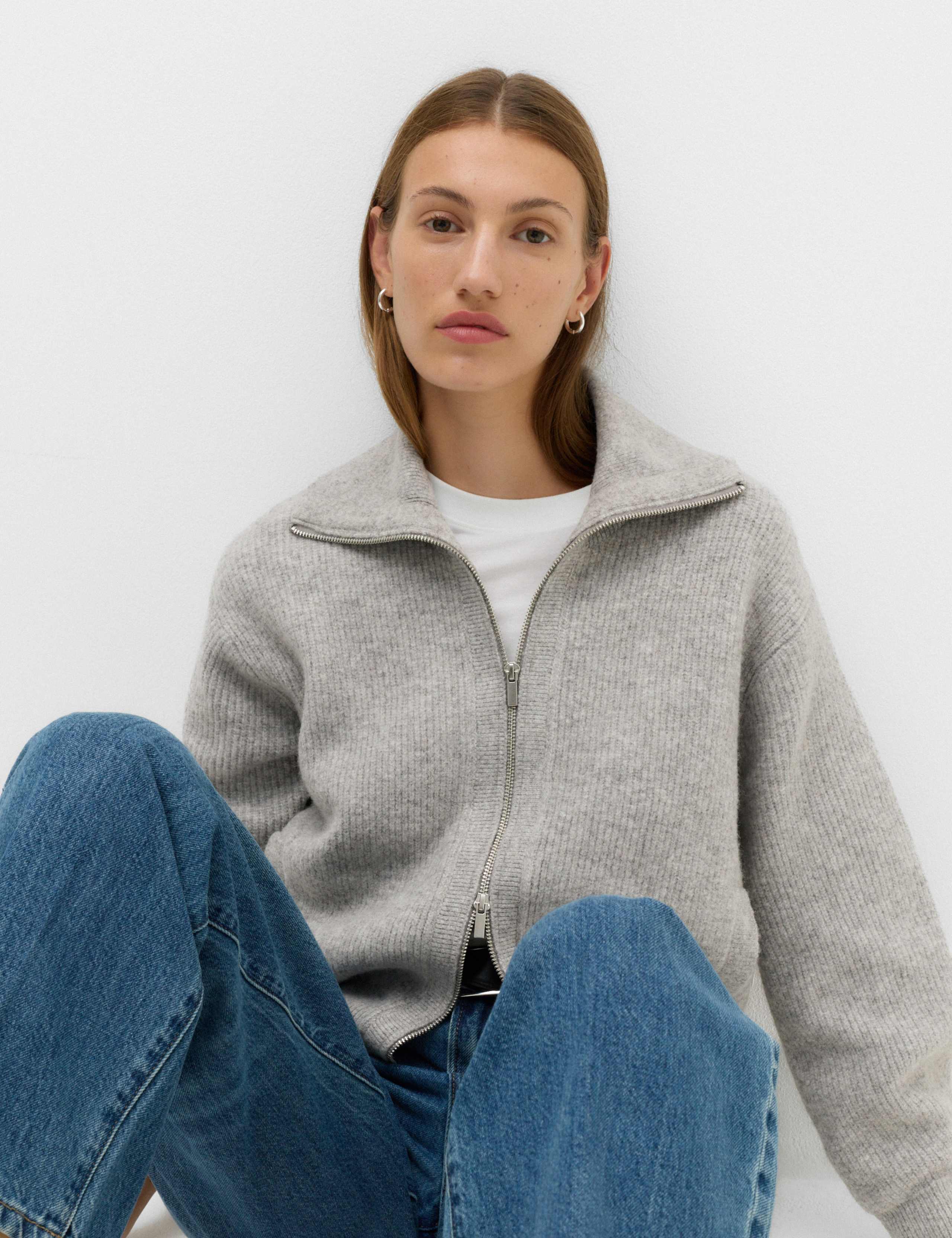 Textured Funnel Neck Relaxed Cardigan With Wool