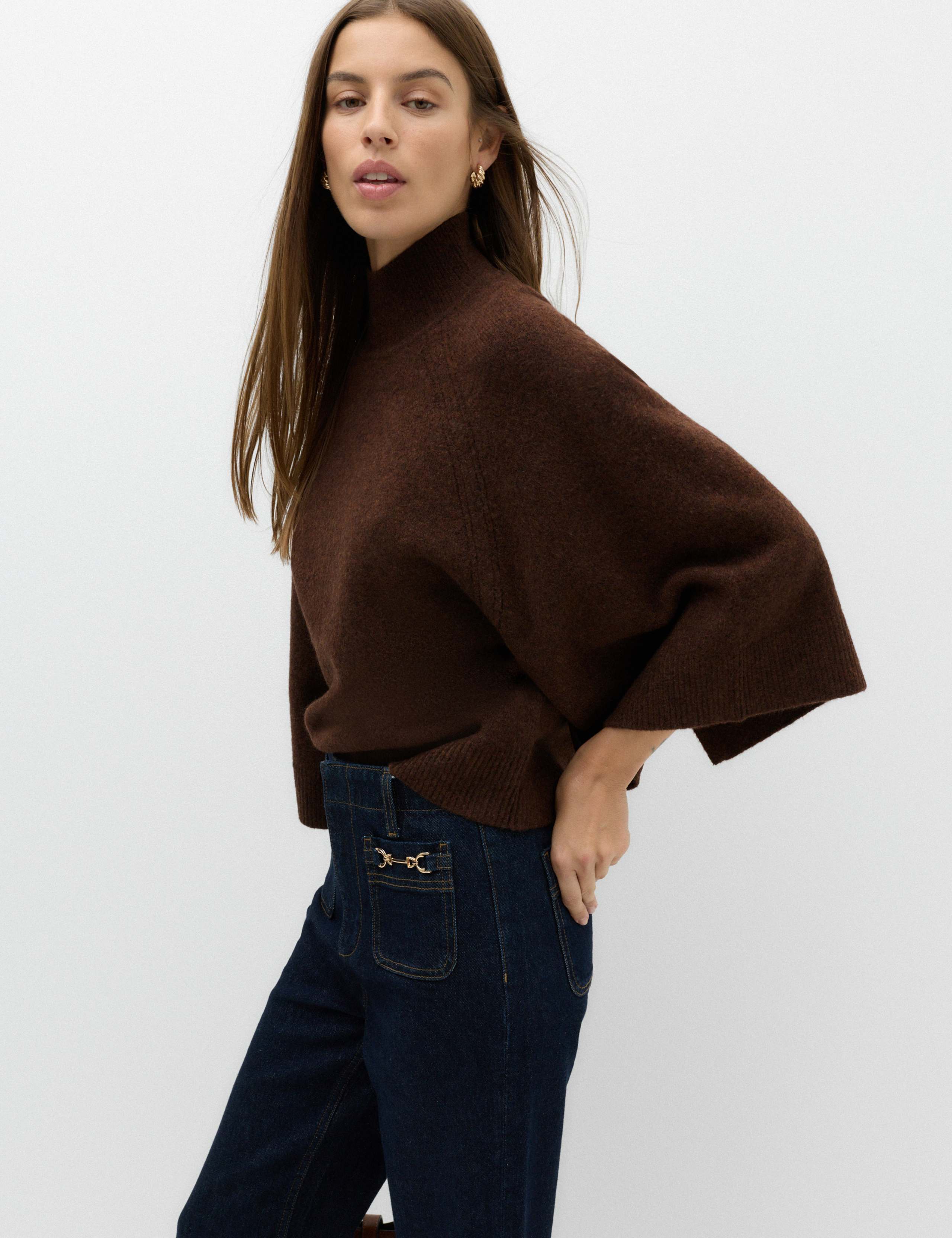 Wide Sleeve Funnel Neck Knitted Jumper