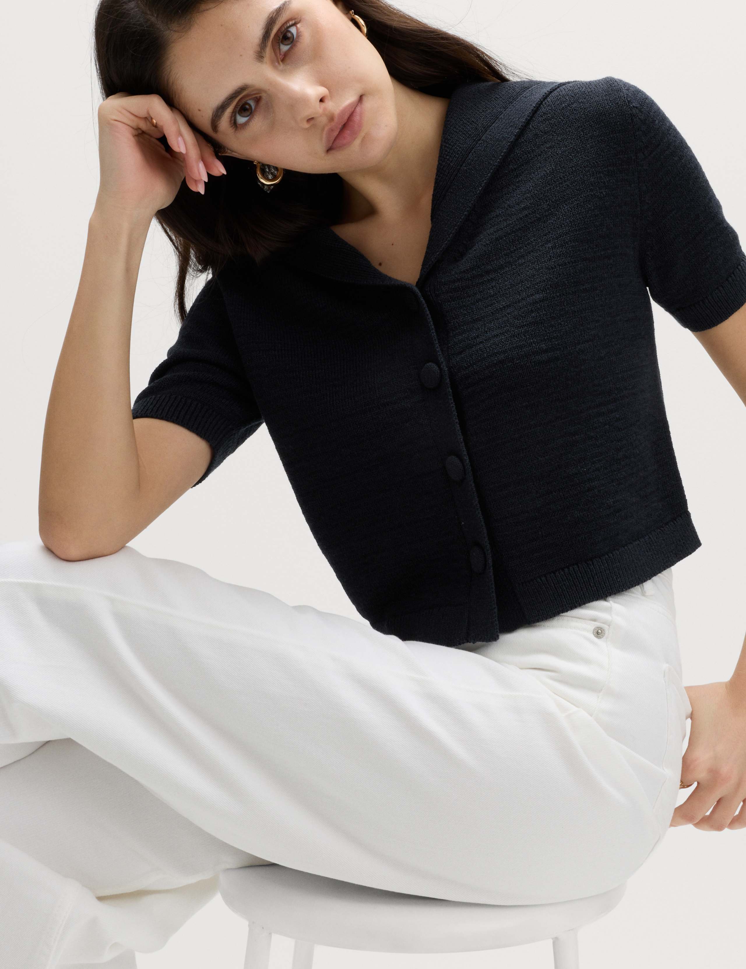 Cotton Blend Sailor Collared Cardigan