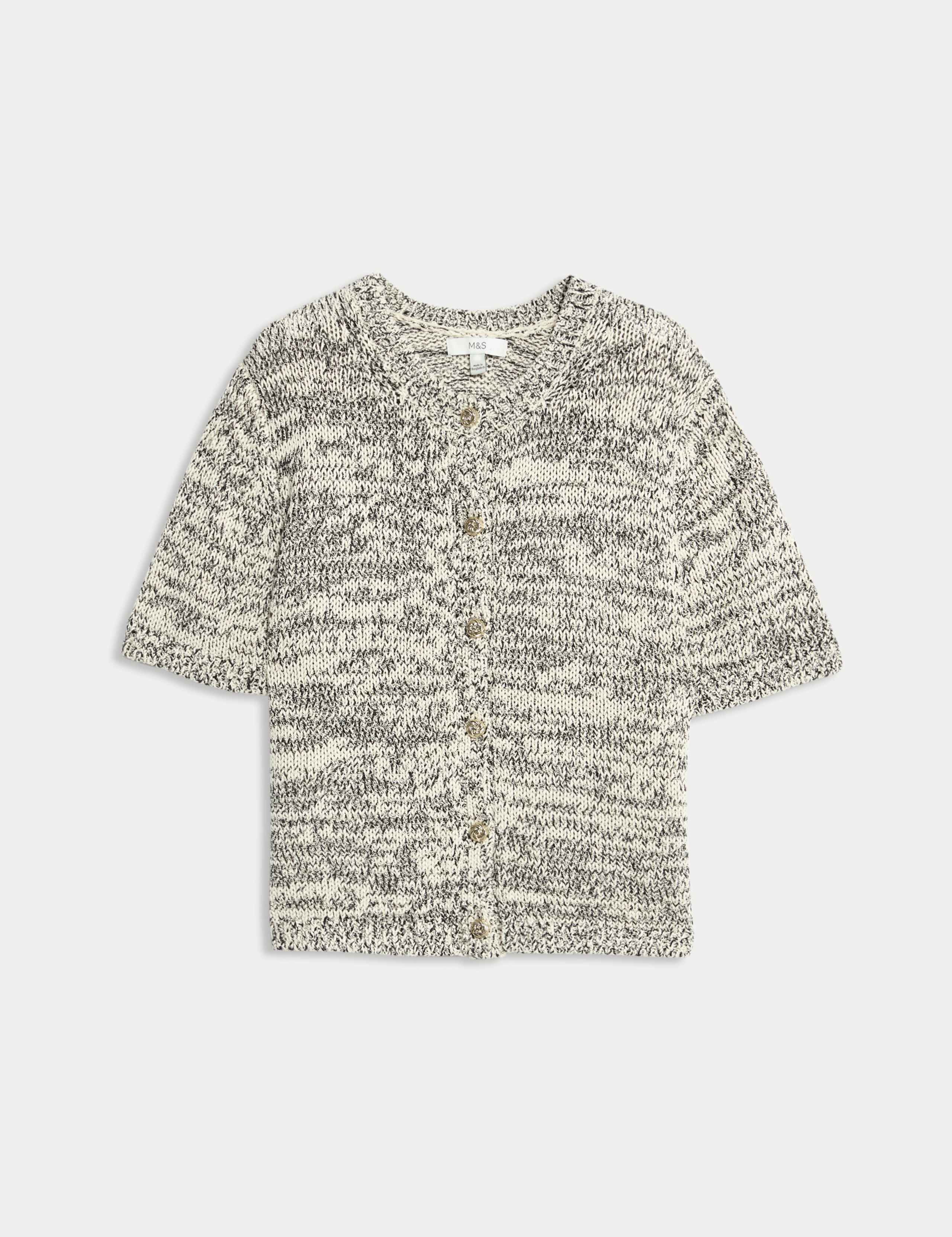 Cotton Blend Metallic Button Front Short Sleeve Cardigan