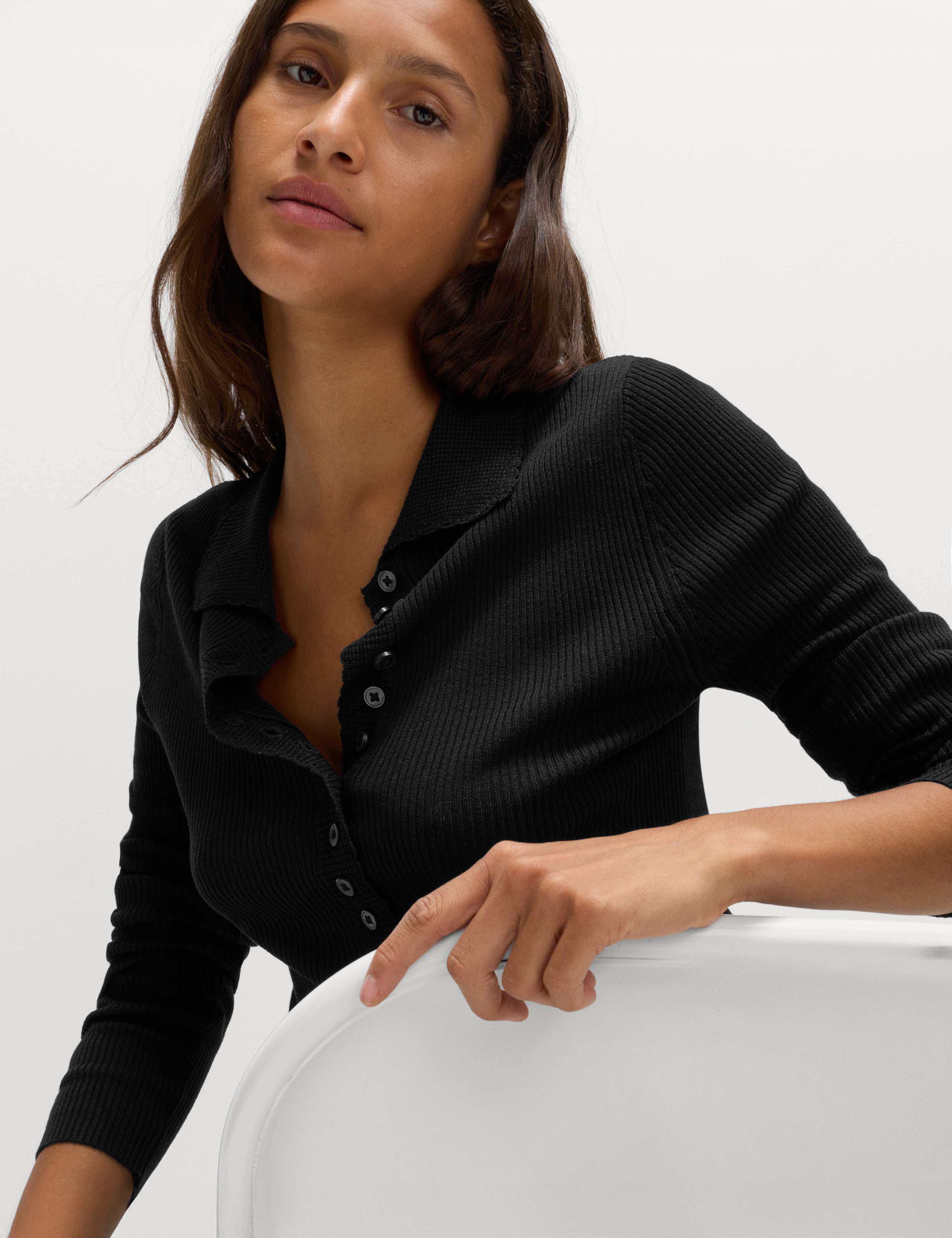 Ribbed Collared Button Detail Knitted Top