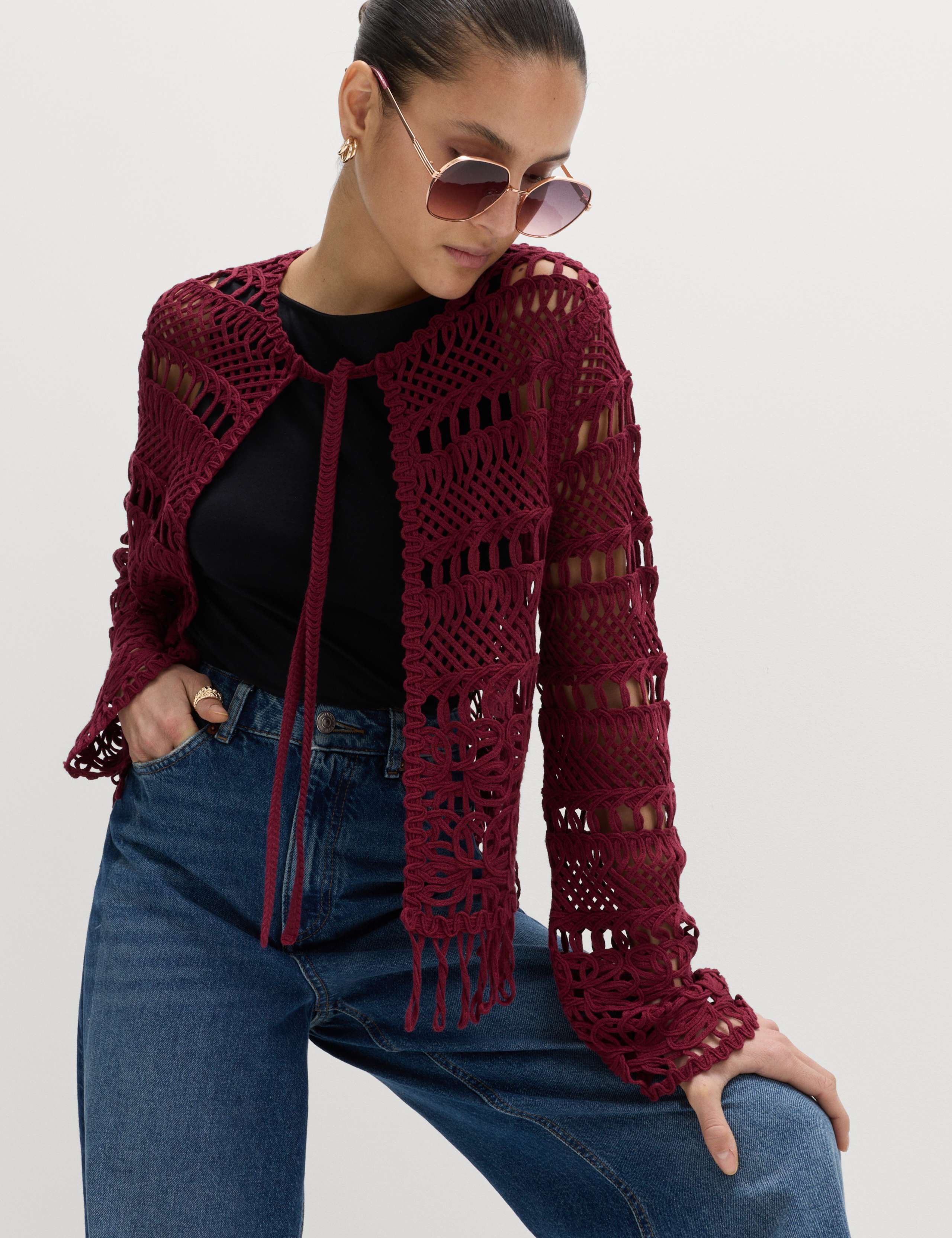Pure Cotton Tie Fastening Cropped Cardigan