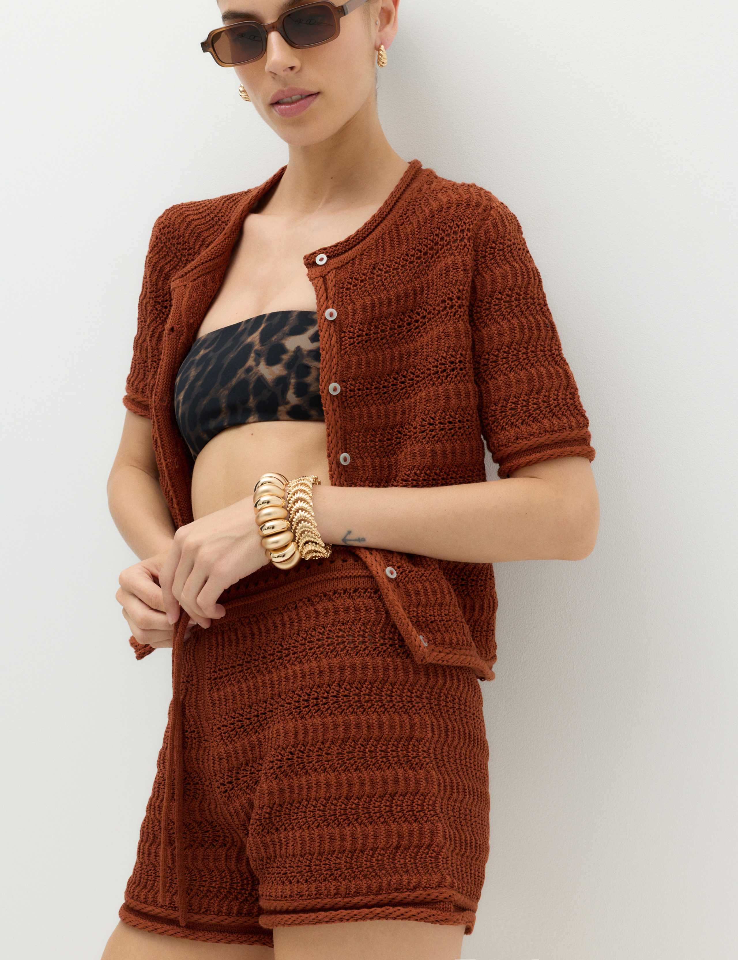 Cotton Blend Tie Front Knitted Shorts