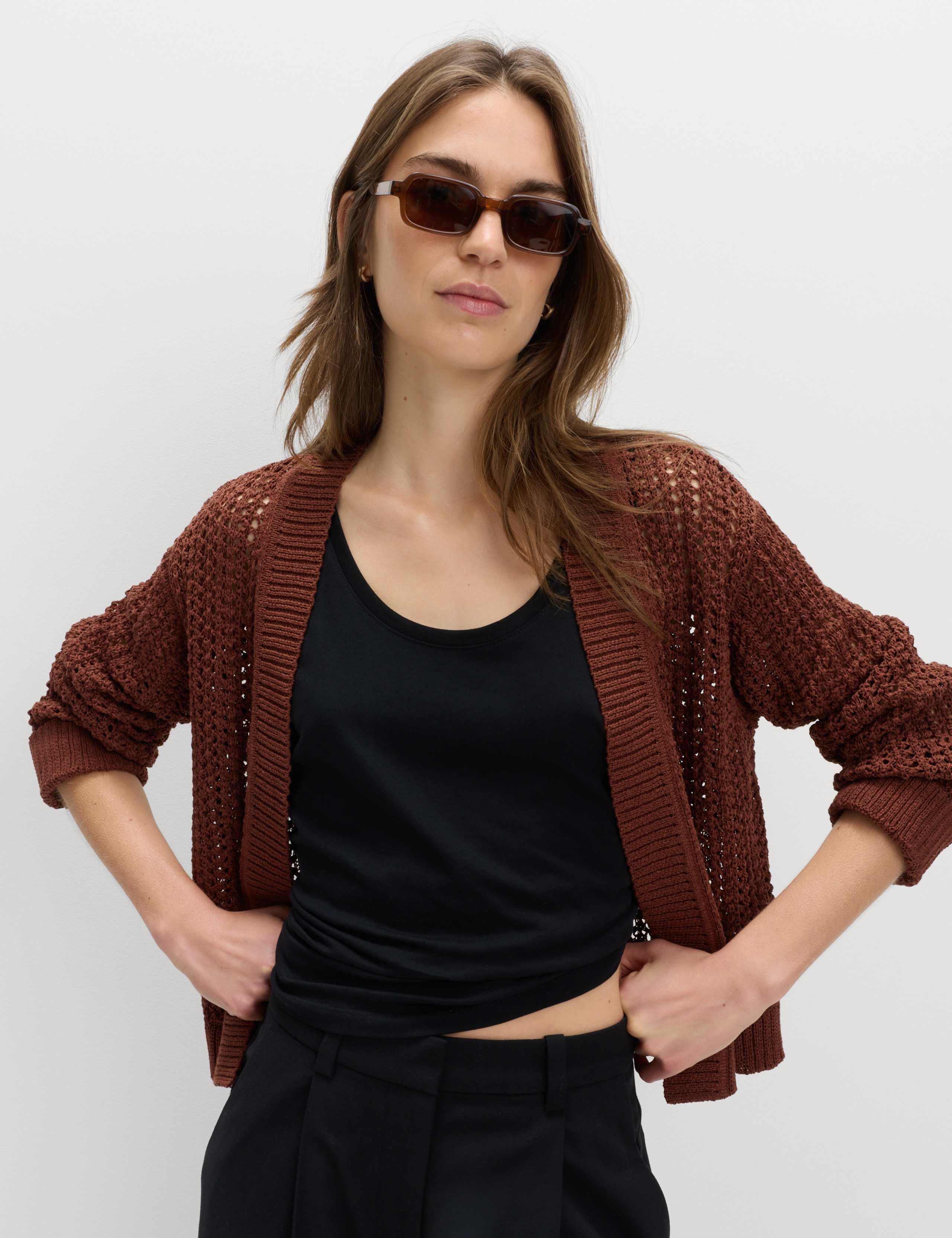 Cotton Blend Open Stitch Relaxed Cropped Cardigan