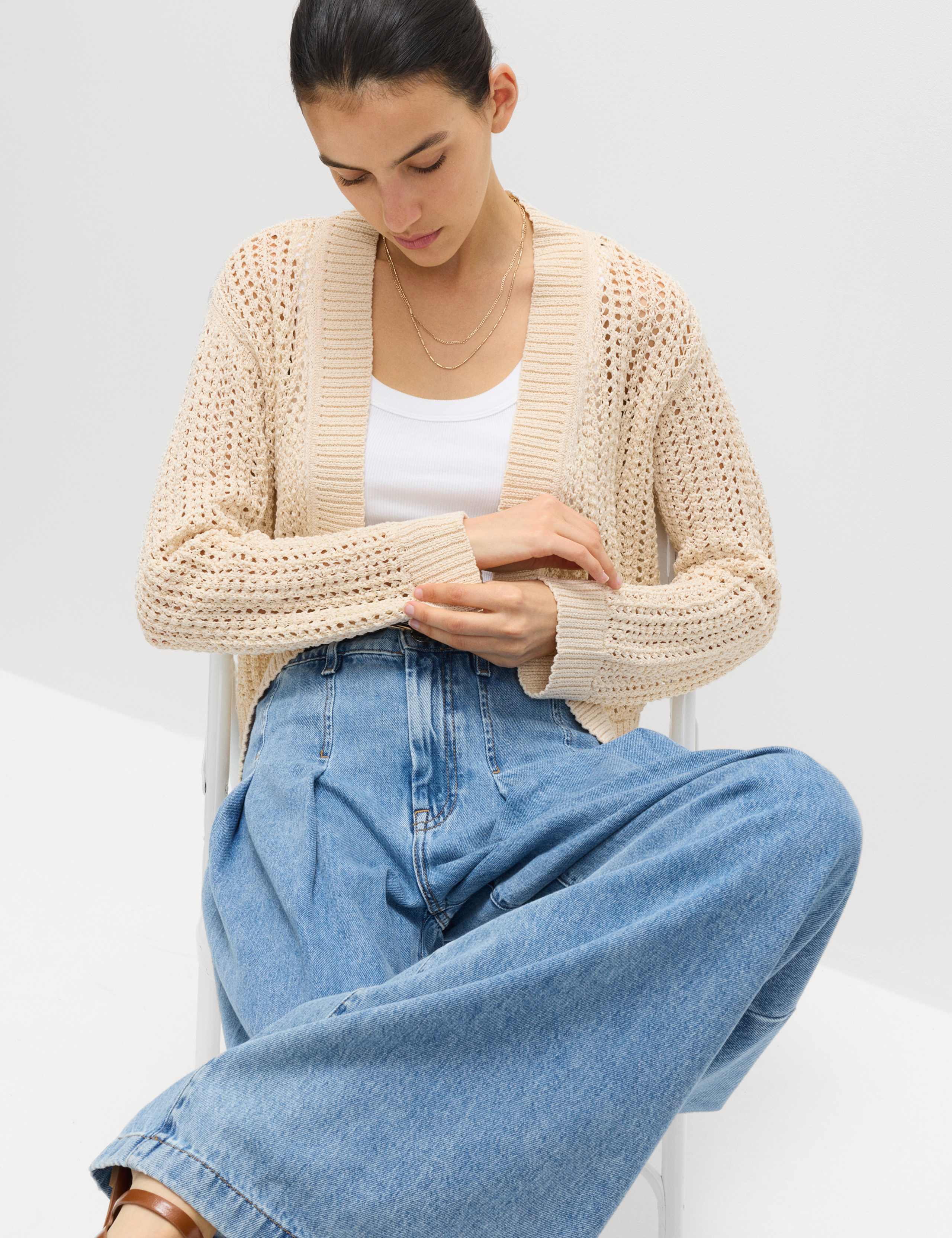 Cotton Blend Open Stitch Relaxed Cropped Cardigan
