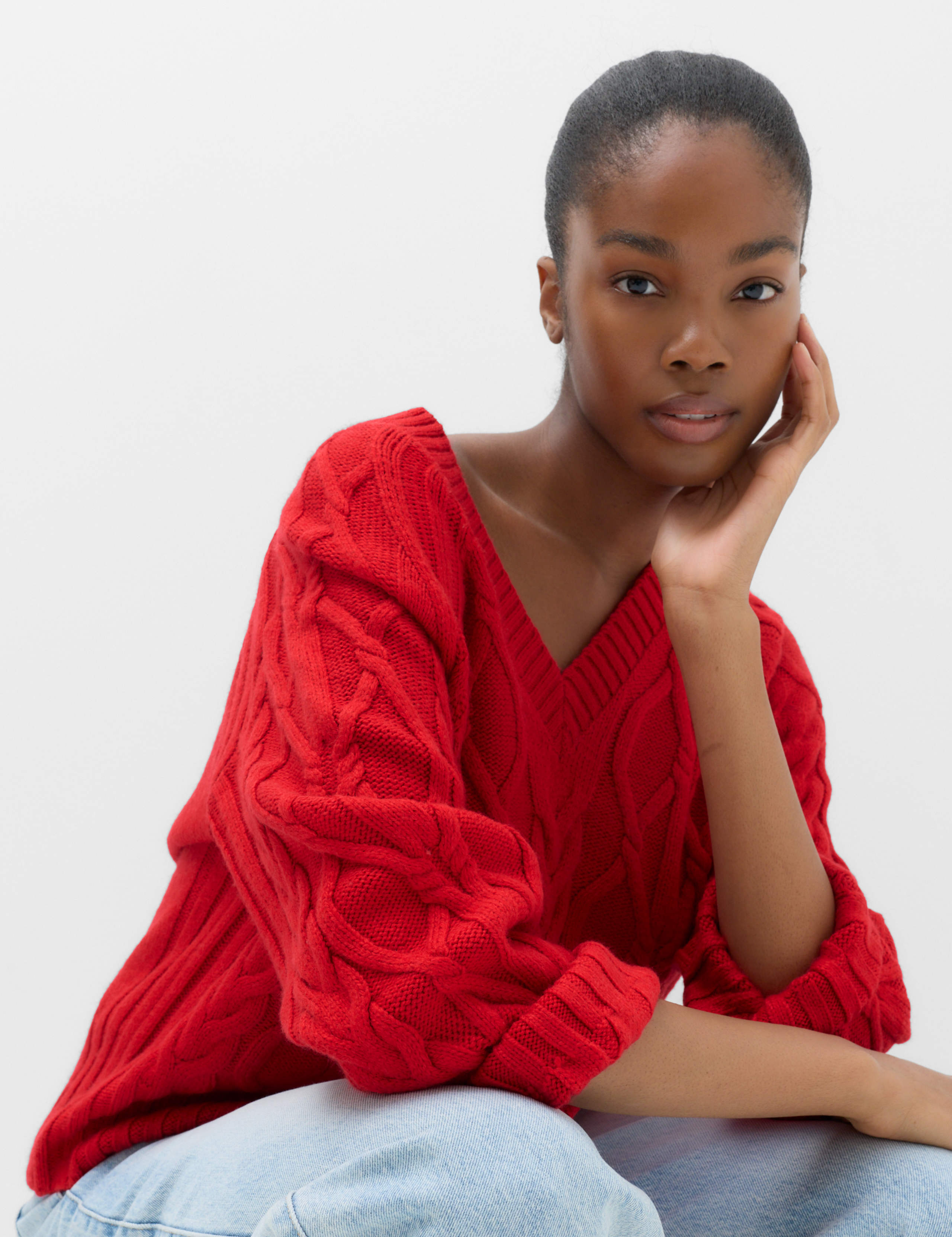 V Neck Cable Knit Relaxed Jumper