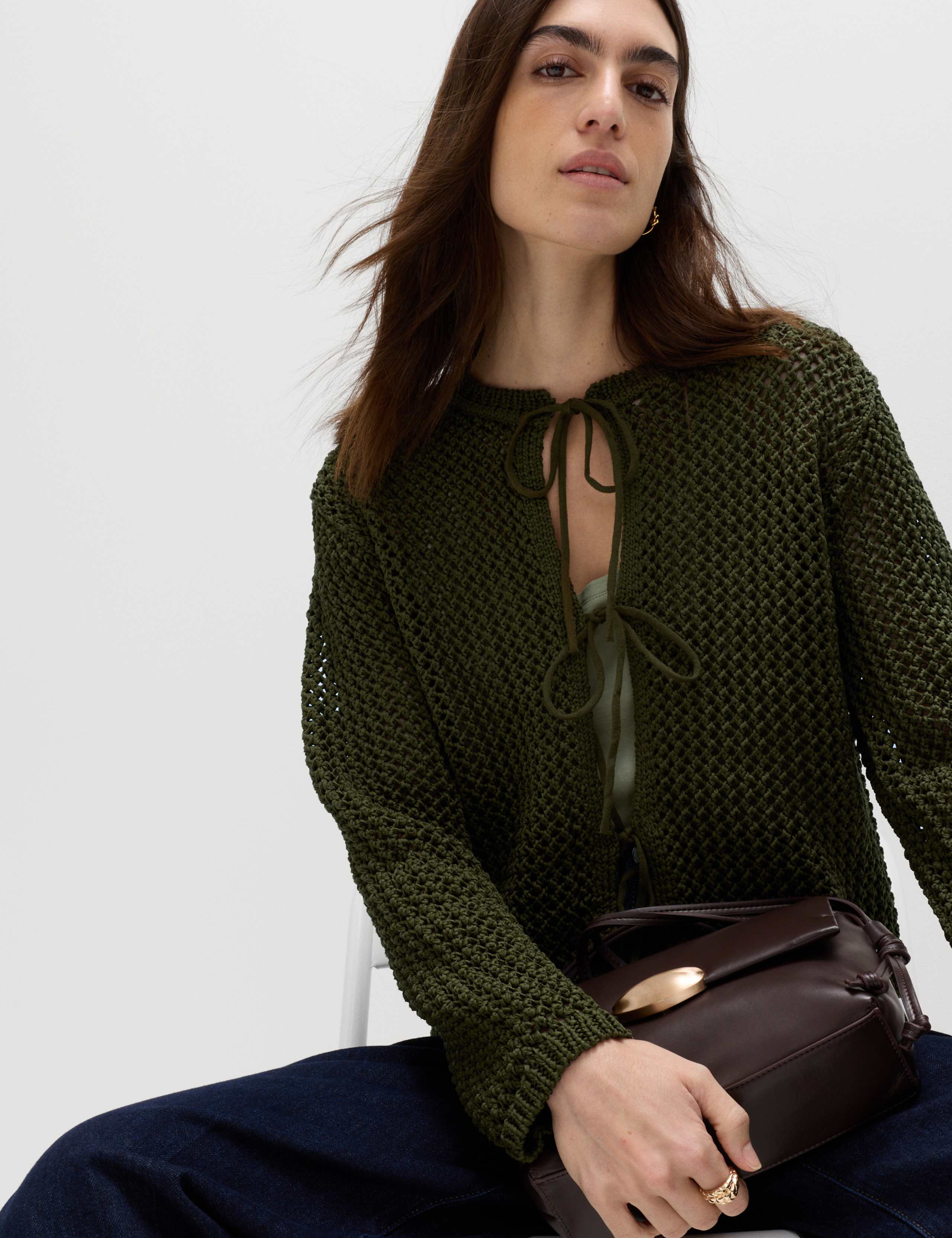 Textured Tie Front Slim Fit Cropped Cardigan