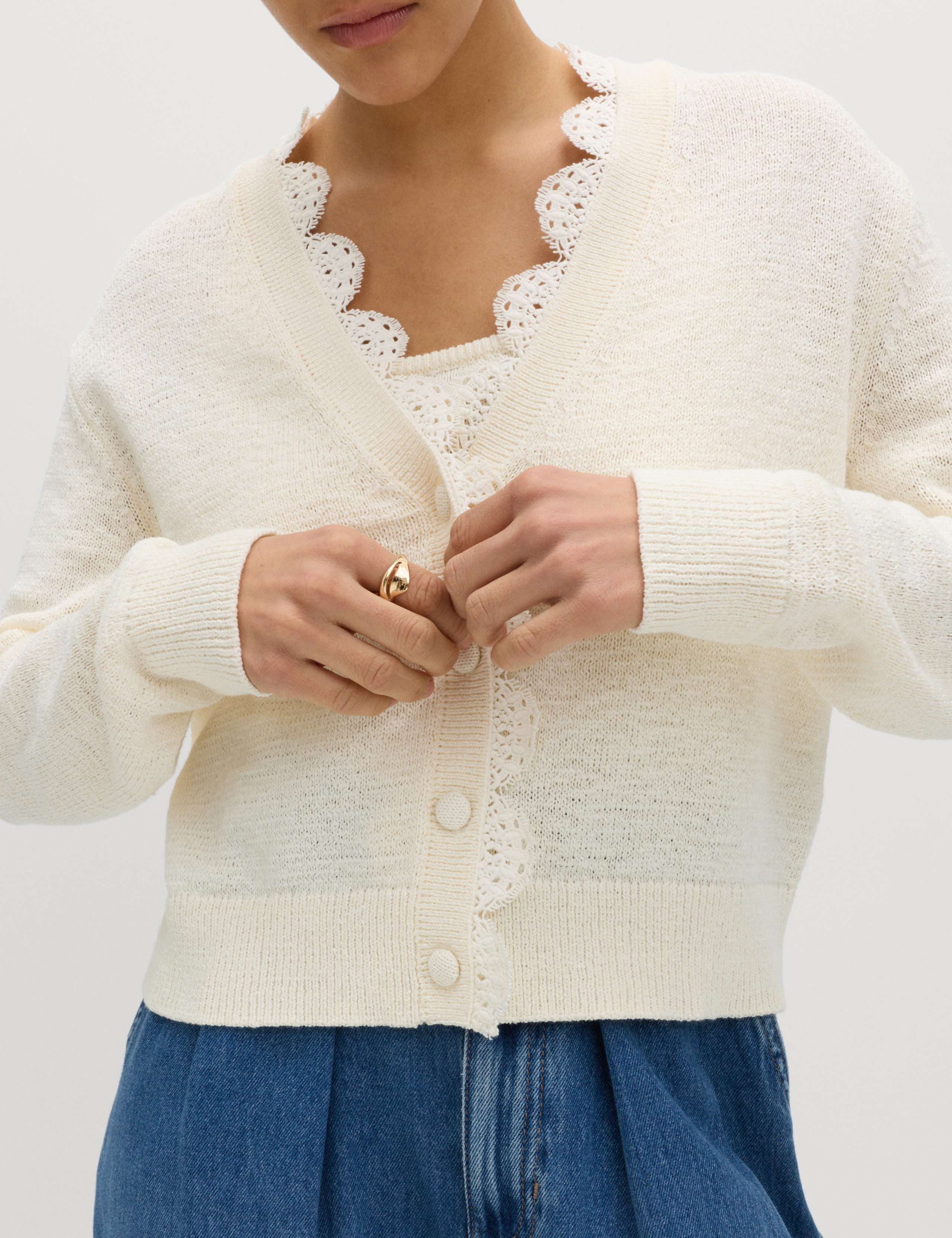 Cotton Blend Lace Trim V-Neck Cardigan