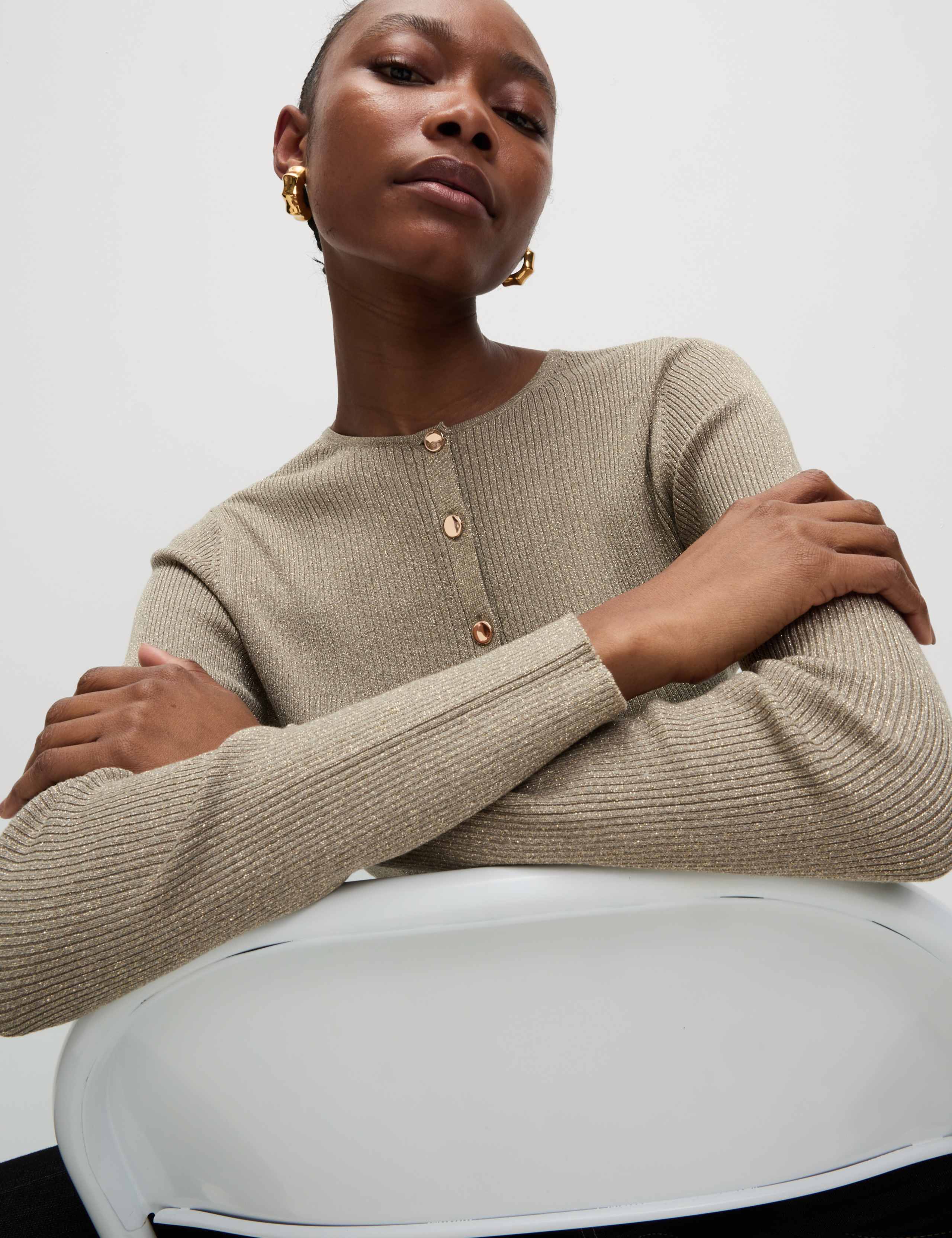 Metallic Crew Neck Slim Fit Cardigan