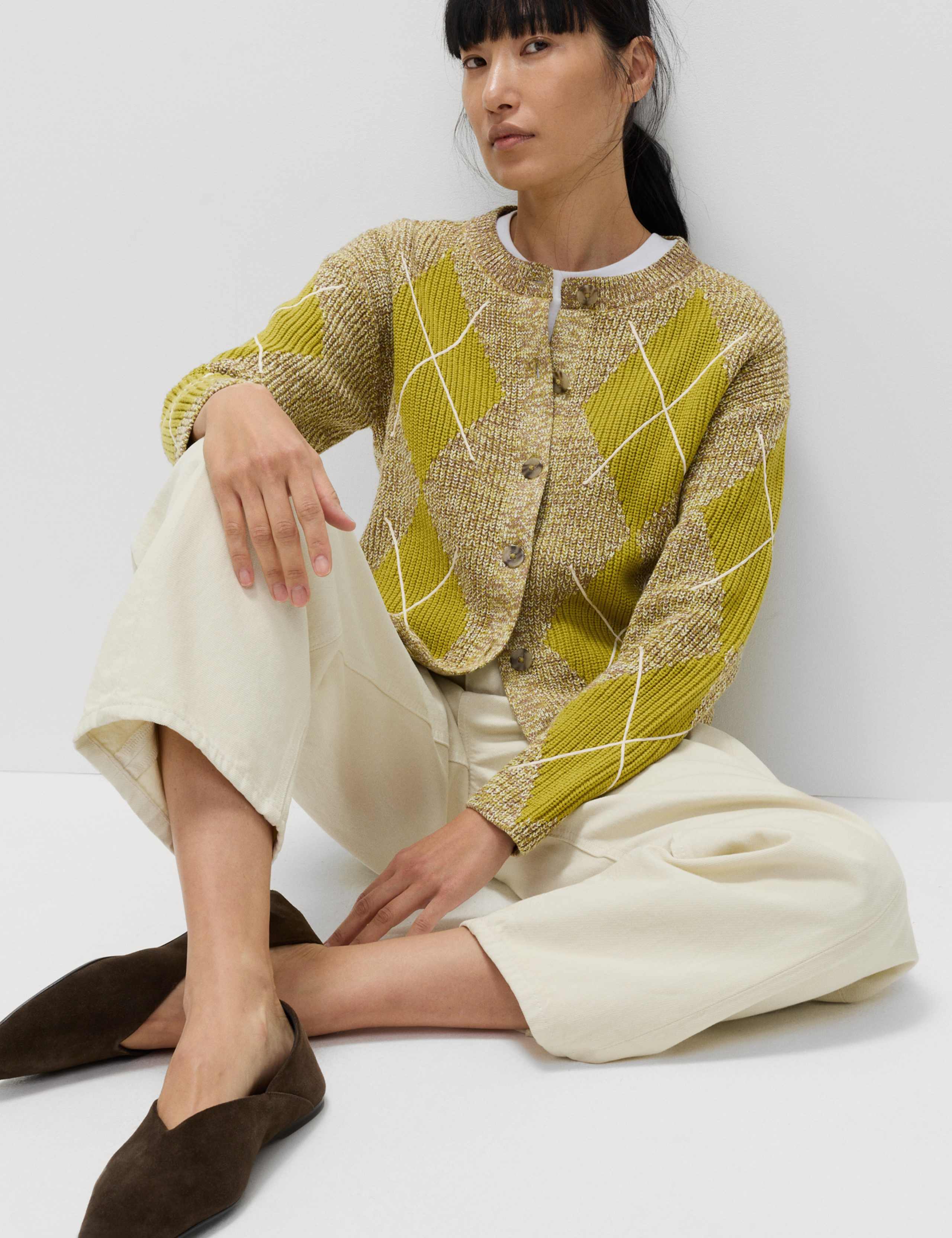 Cotton Rich Argyle Crew Neck Cardigan