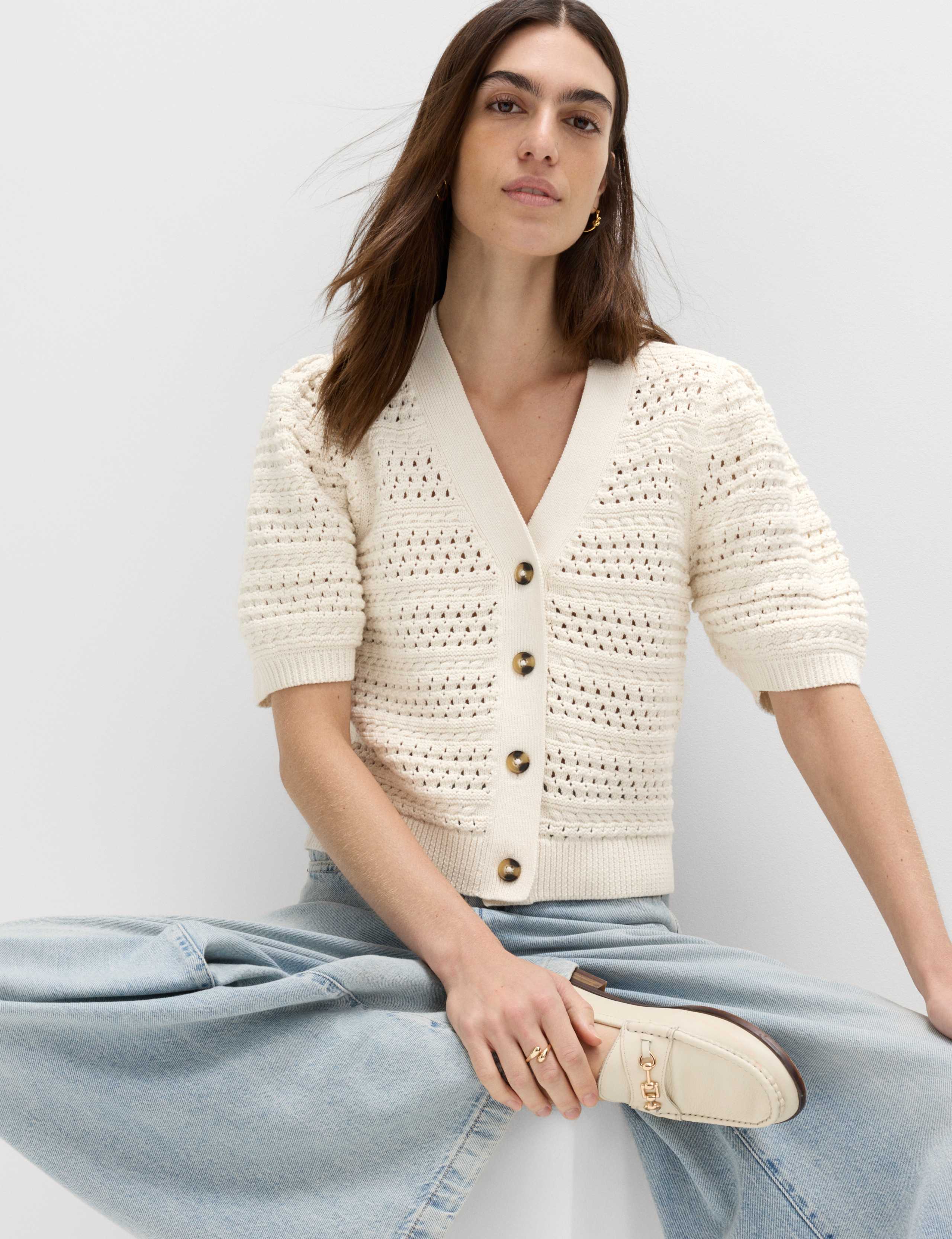Pure Cotton Puff Sleeve Cropped Cardigan
