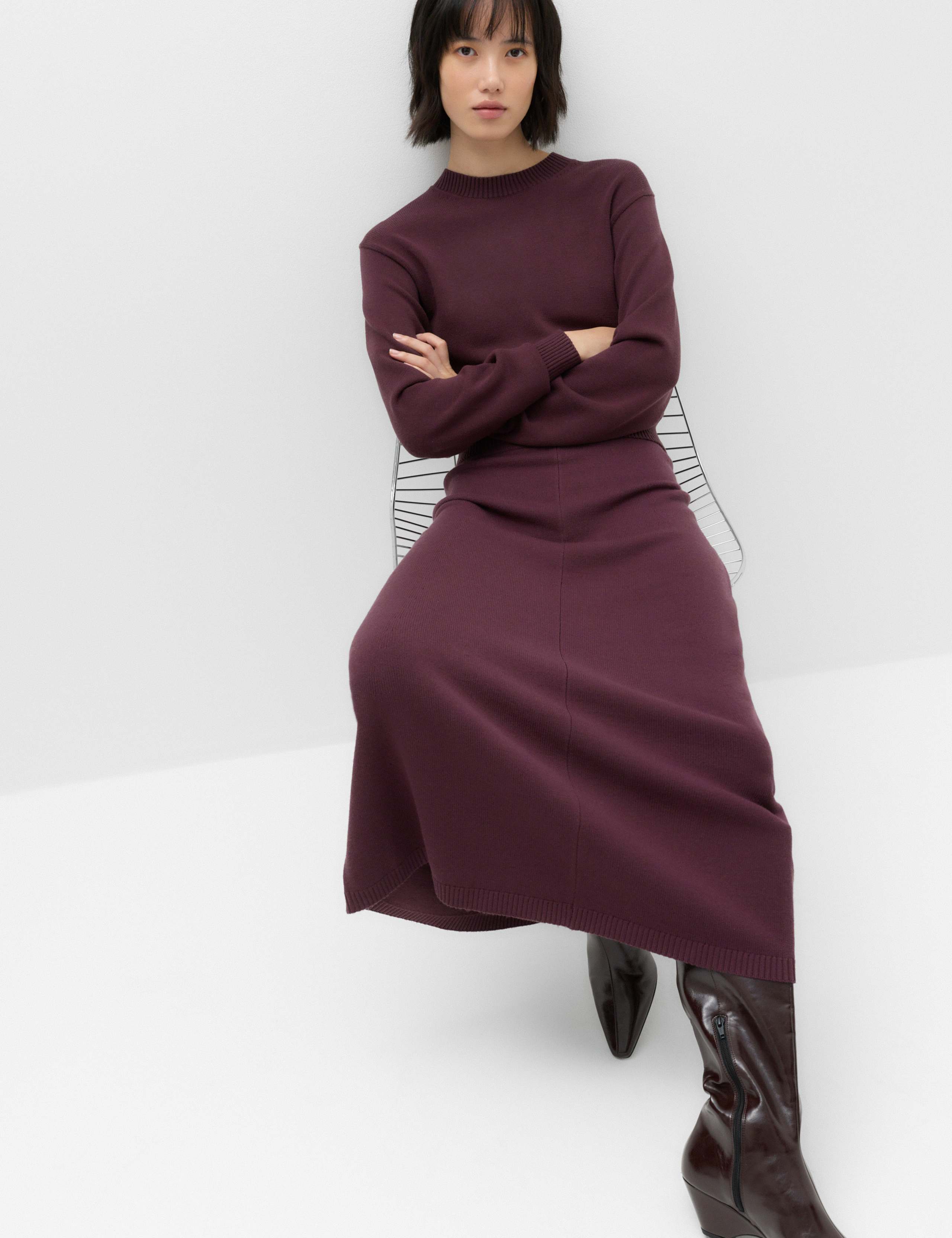High Waisted Knitted Midi A Line Skirt
