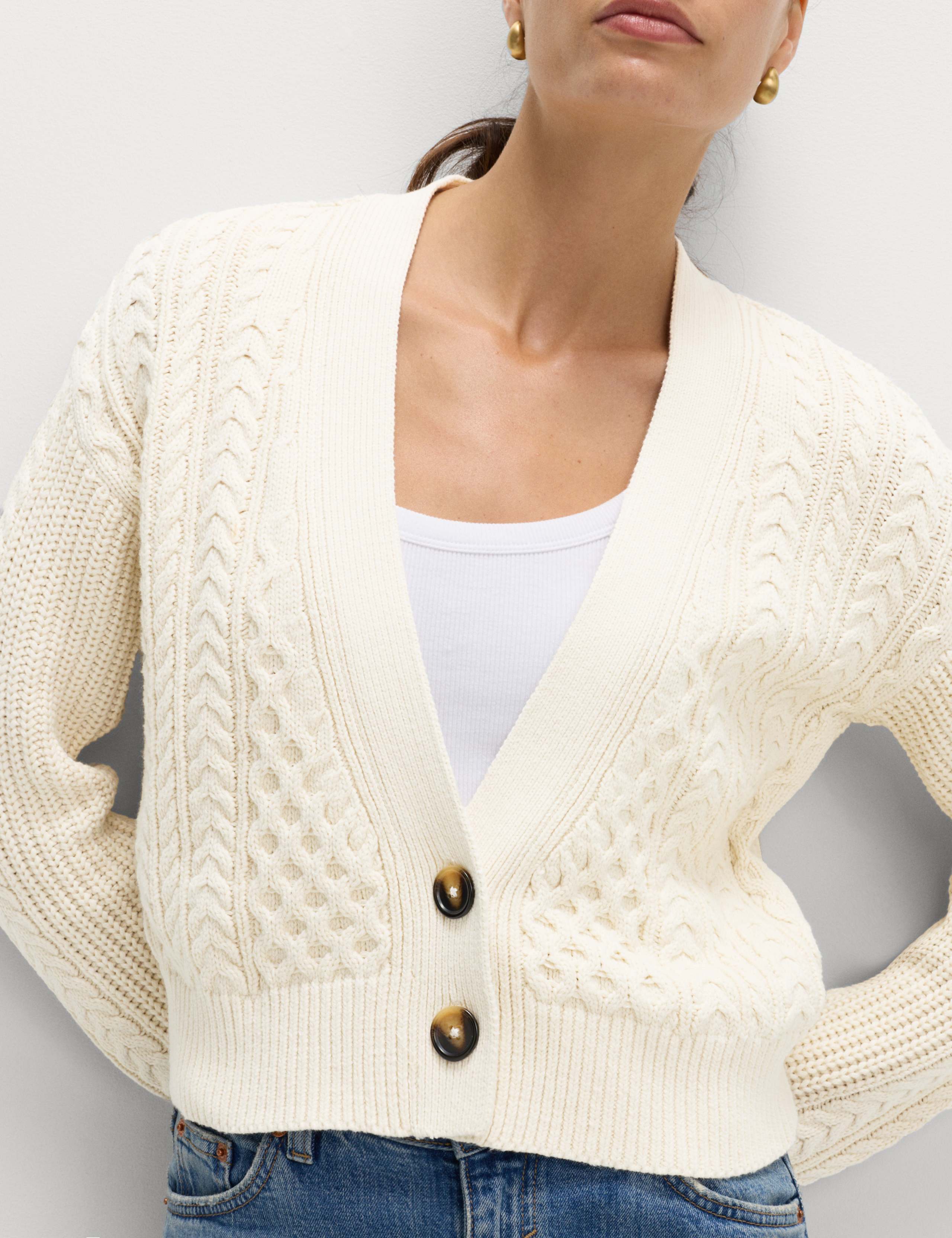 Cotton Rich Cable Knit V-Neck Cropped Cardigan