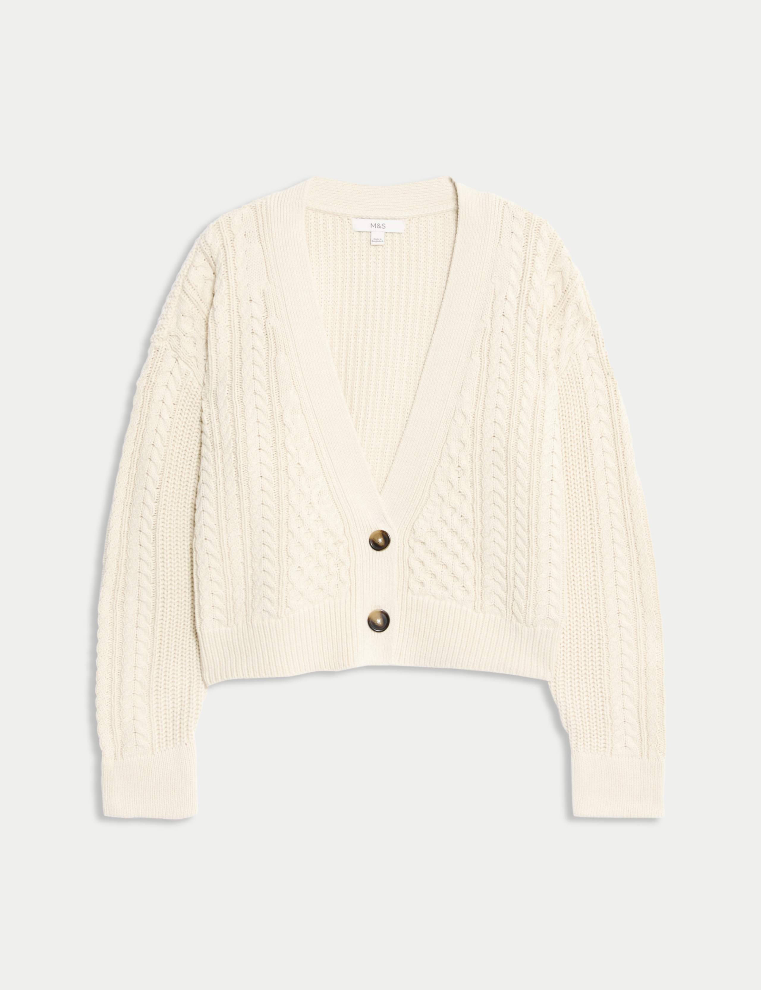 Cotton Rich Cable Knit V-Neck Cropped Cardigan