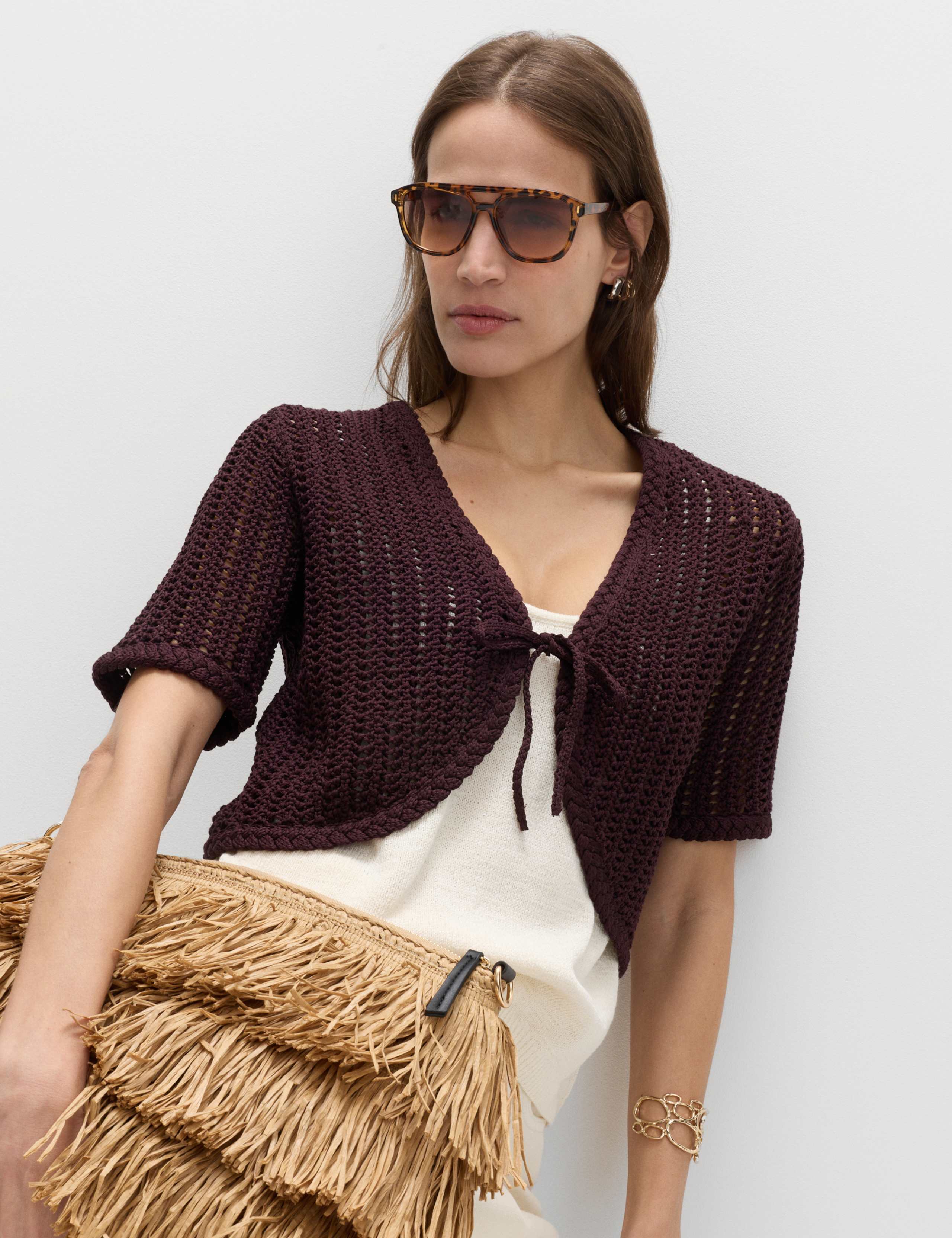 Open Stitch V-Neck Tie Fastening Cardigan