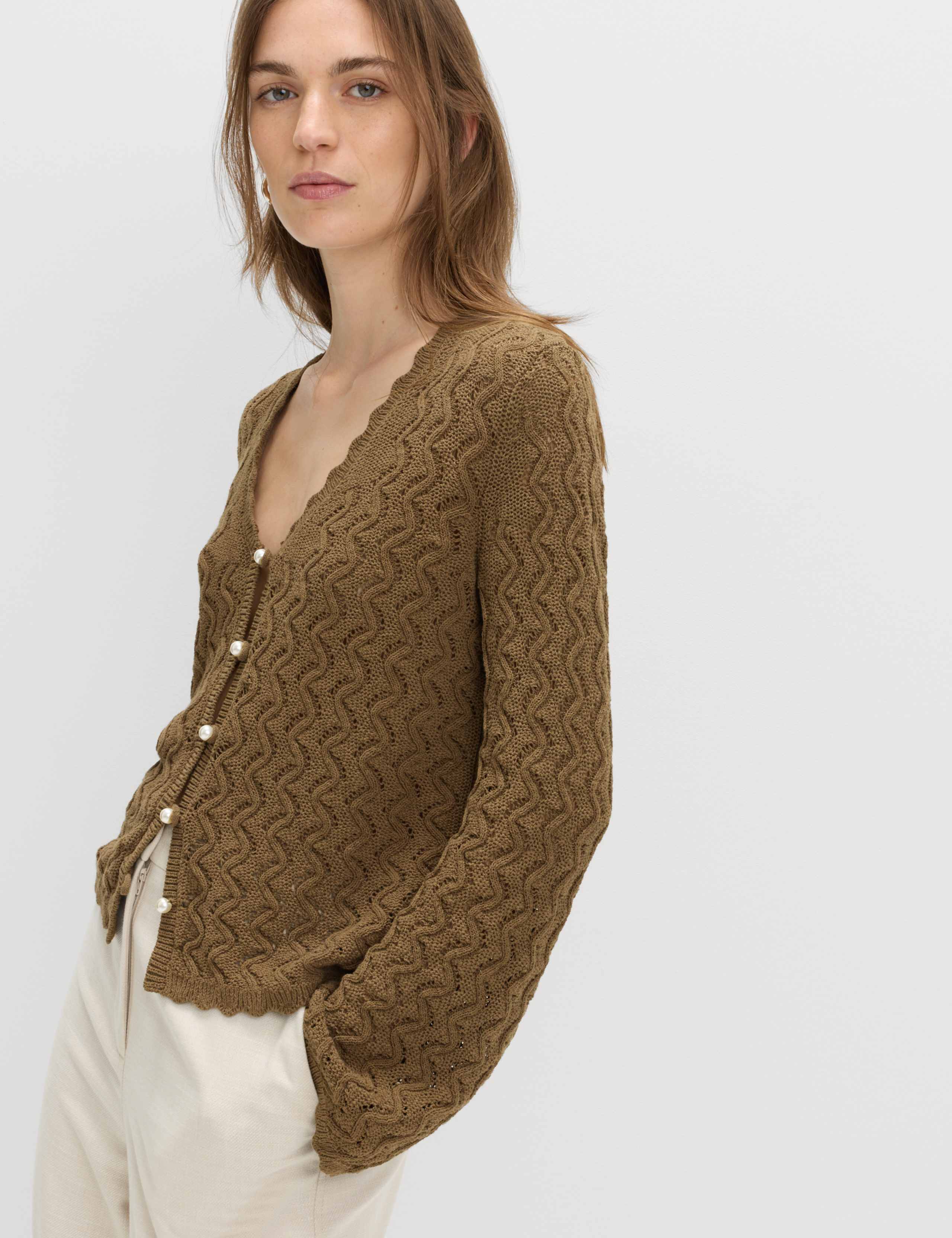 Cotton Rich Pearl Detail Scallop Edge Cardigan