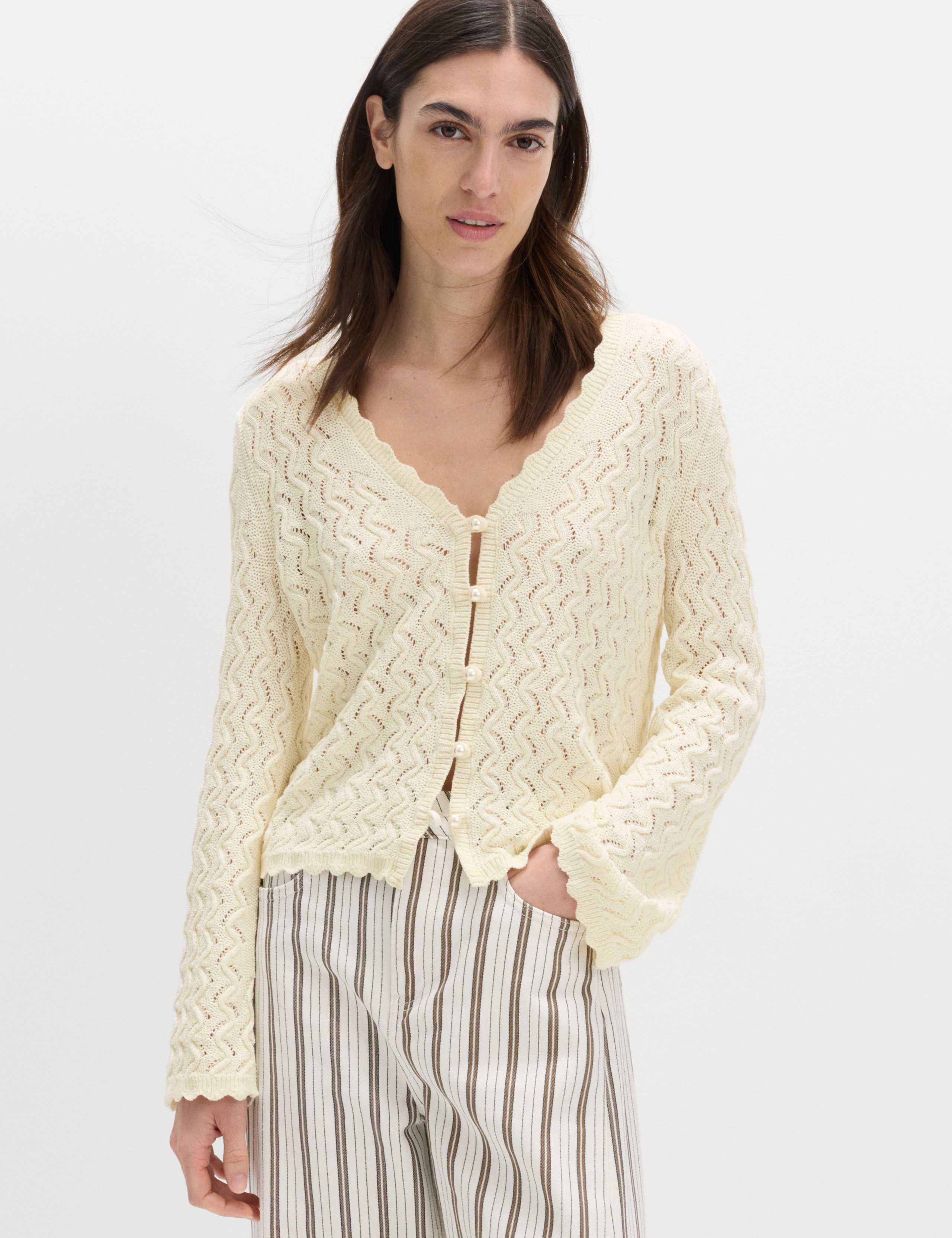 Cotton Rich Pearl Detail Scallop Edge Cardigan