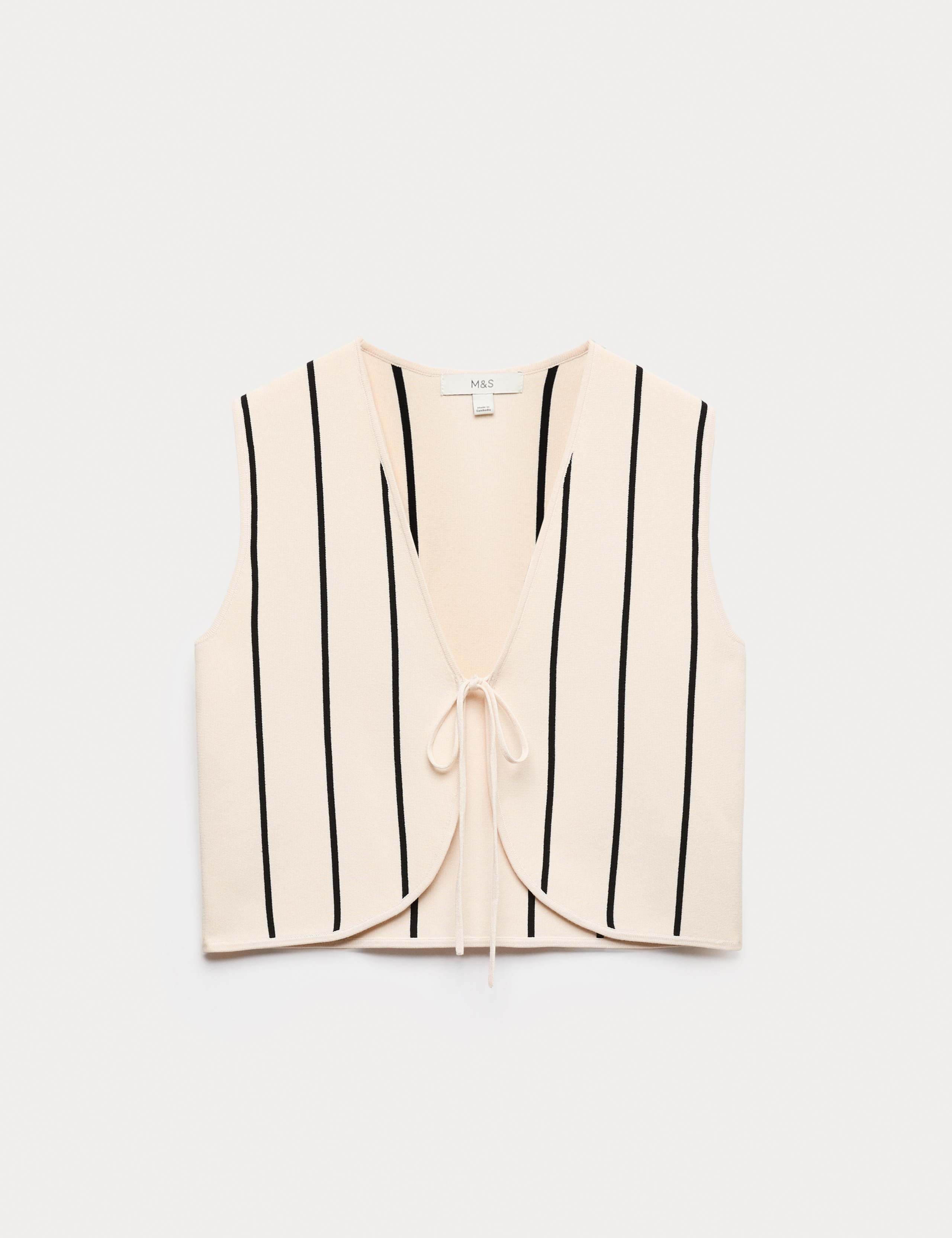 Tie Front Striped Cropped Knitted Waistcoat
