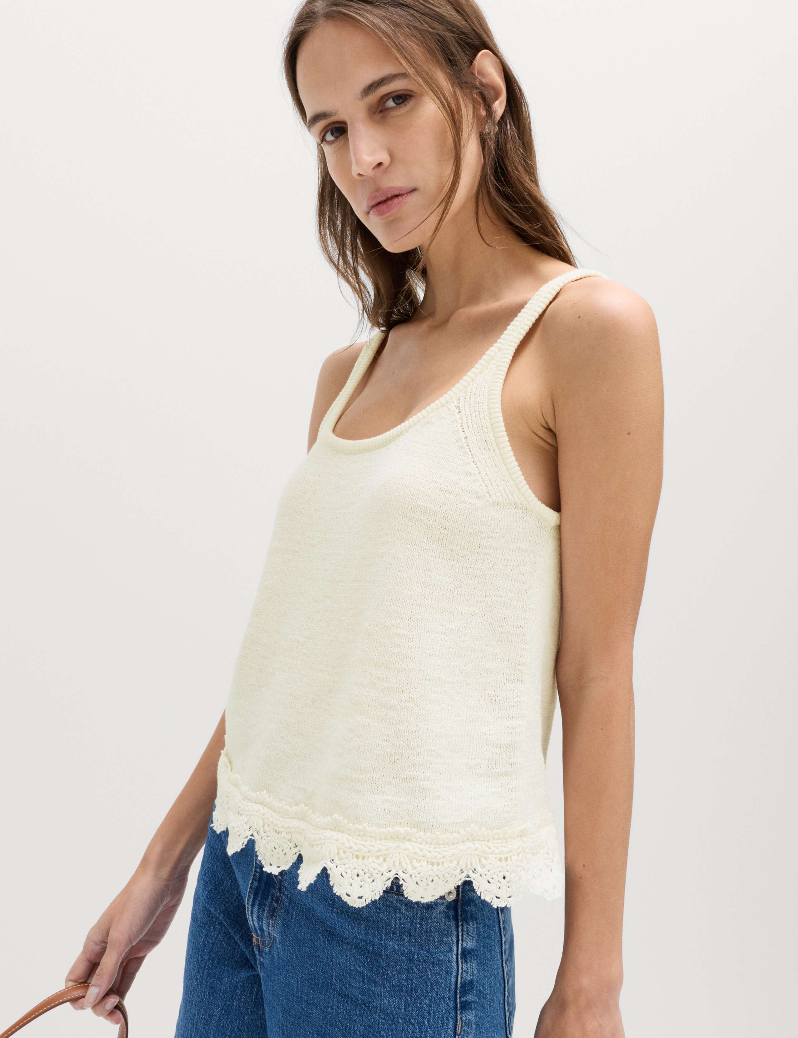 Cotton Blend Lace Detail Cropped Knitted Vest