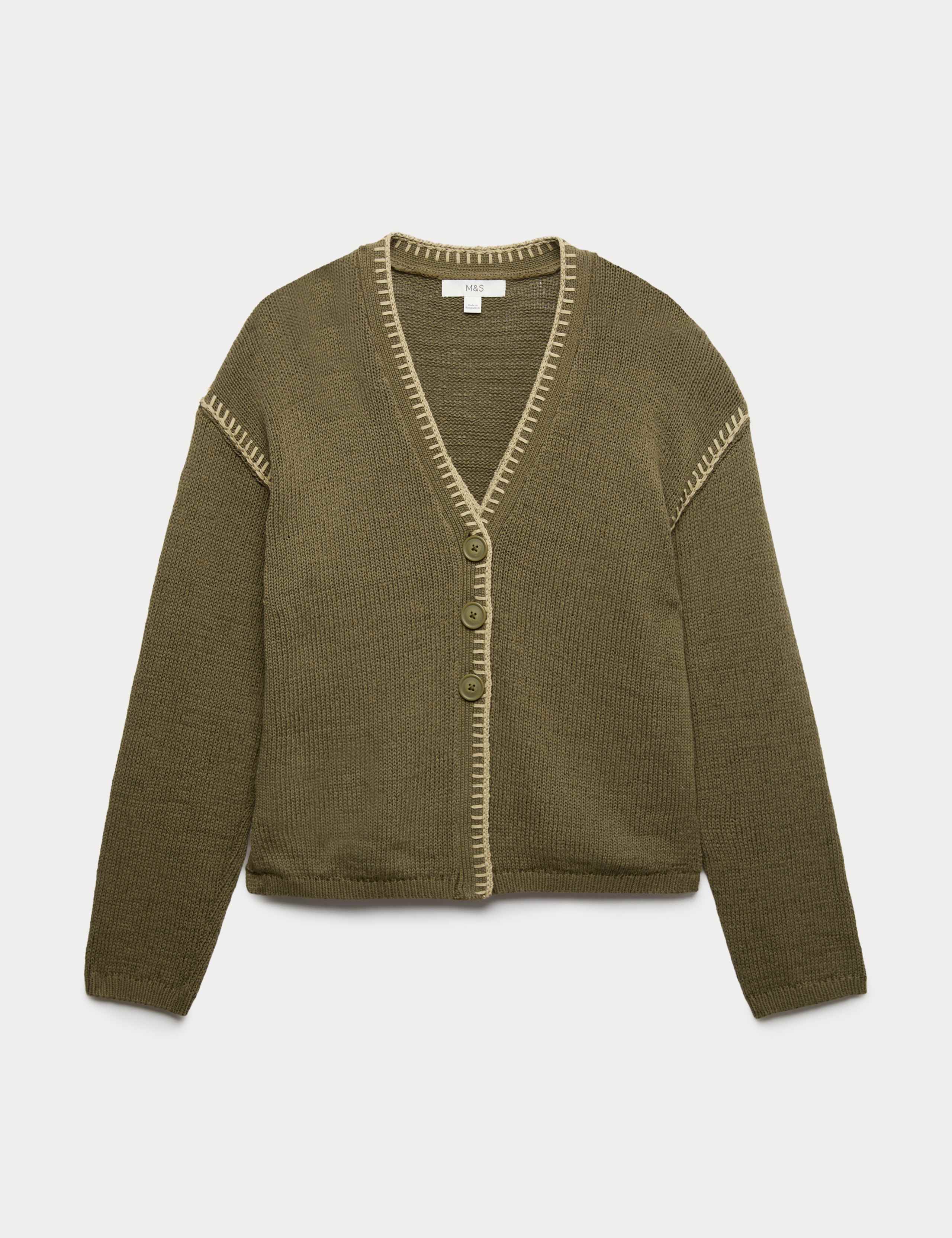 Cotton Rich Textured V-Neck Whipstitch Cardigan