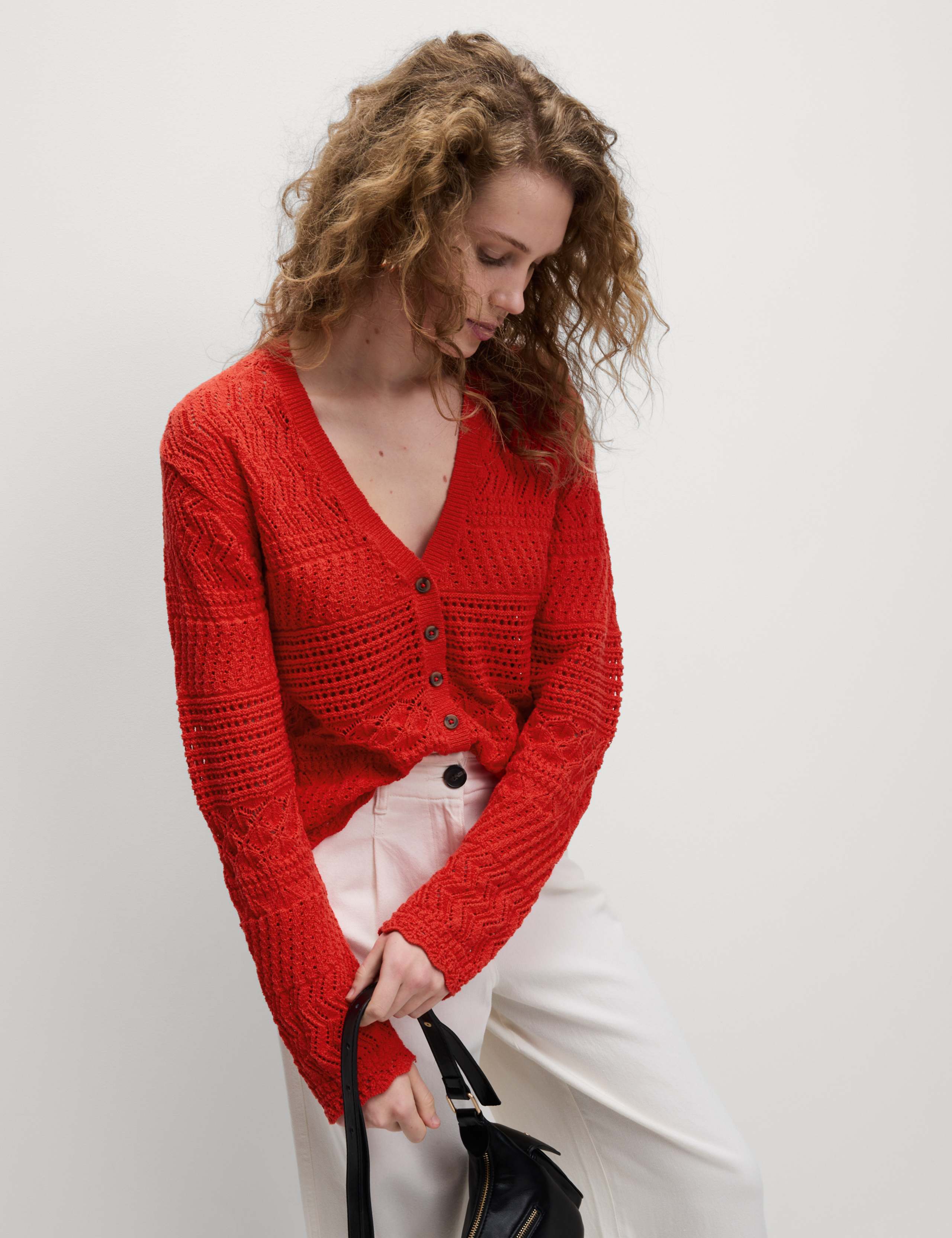 Cotton Blend Pointelle V-Neck Button Front Cardigan