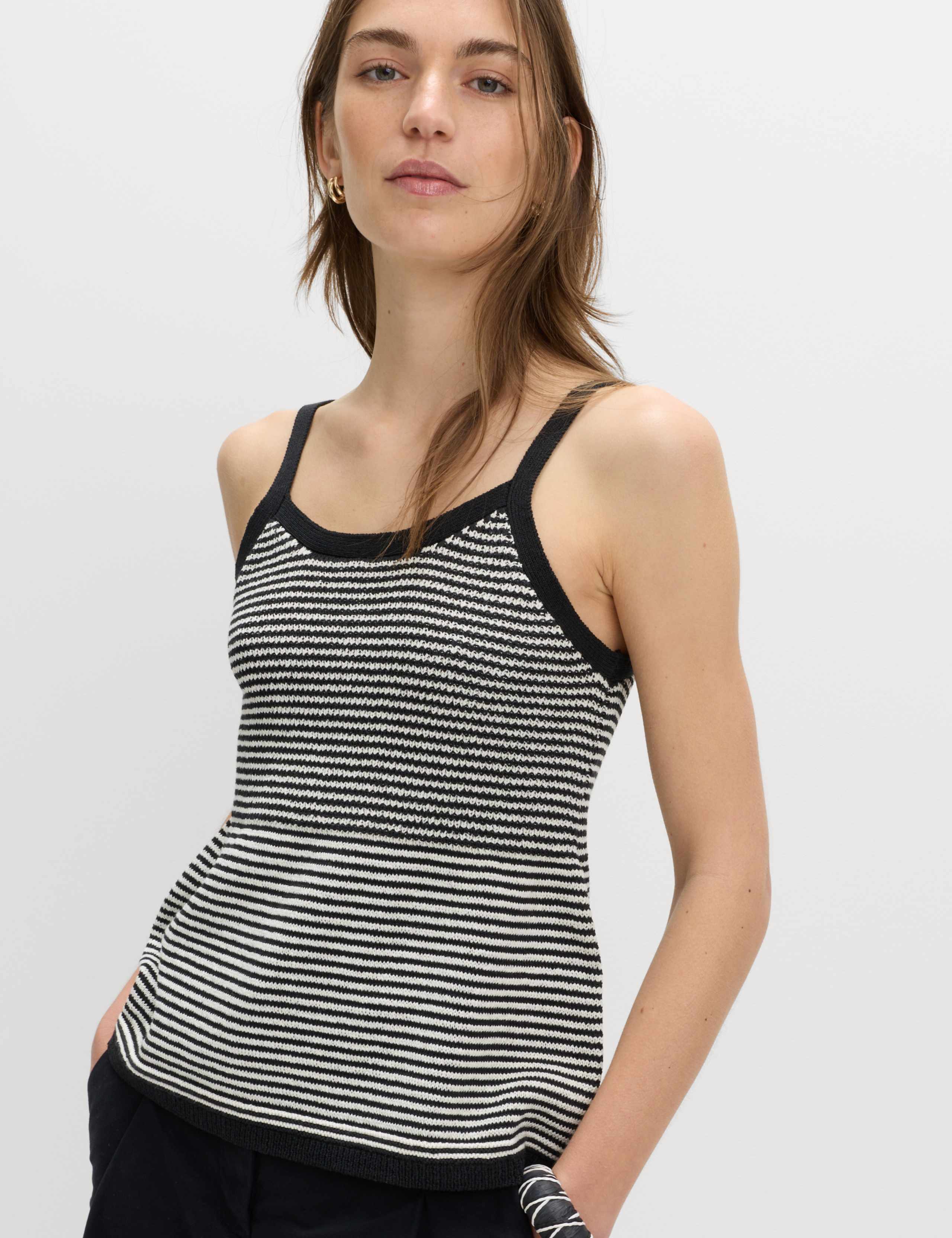 Cotton Blend Striped Square Neck Knitted Vest