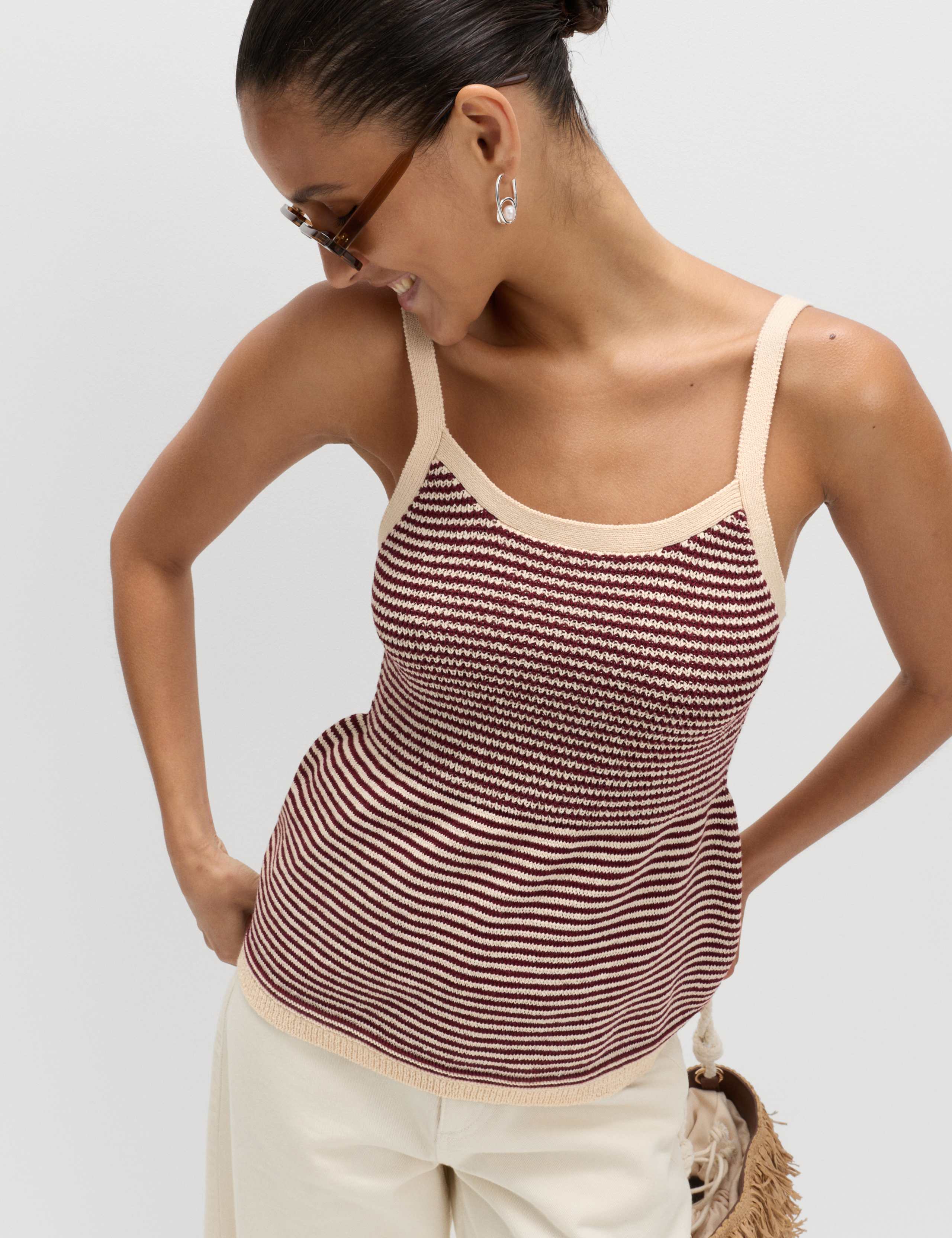 Cotton Blend Striped Square Neck Knitted Vest