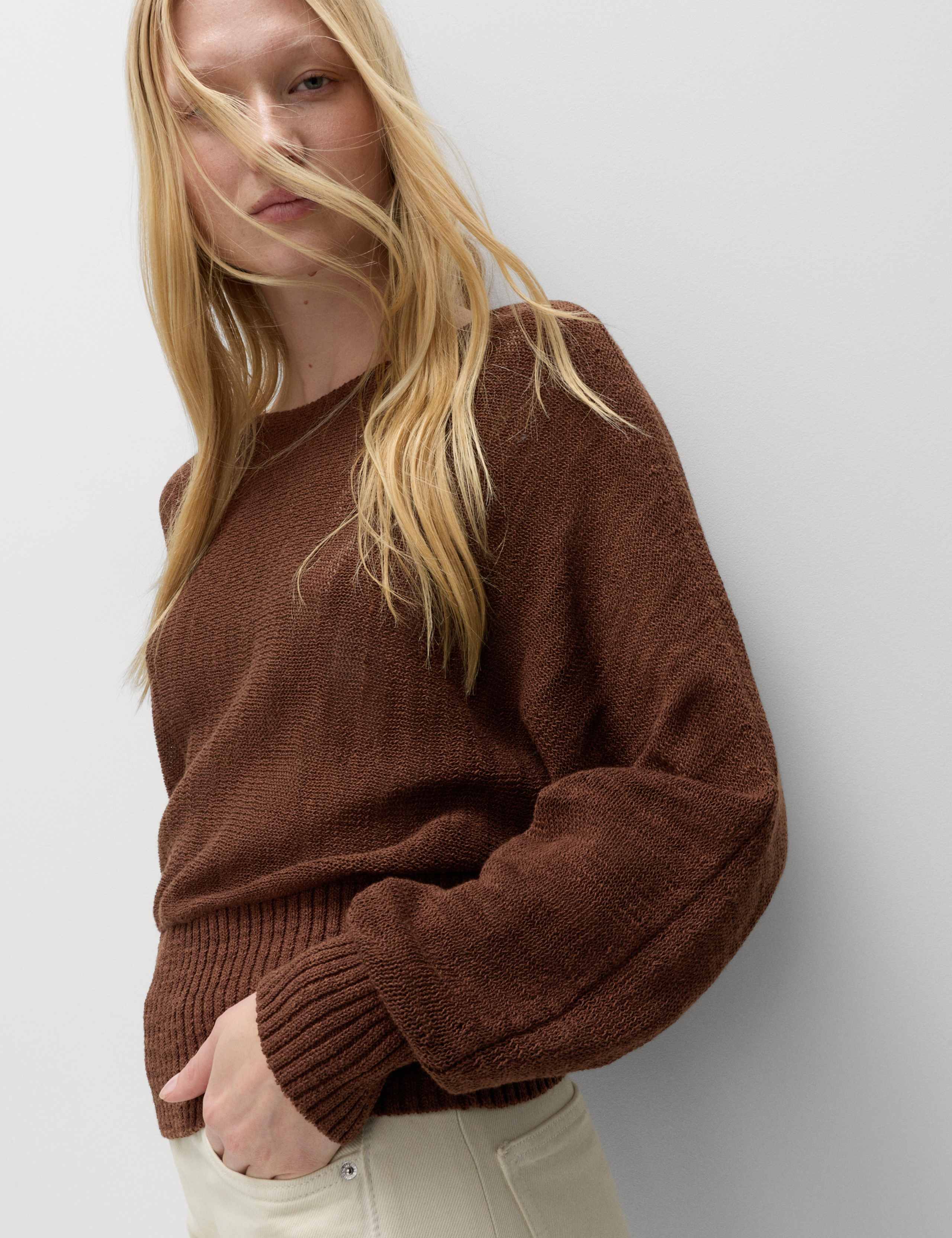 Cotton Rich Textured Slash Neck Relaxed Jumper