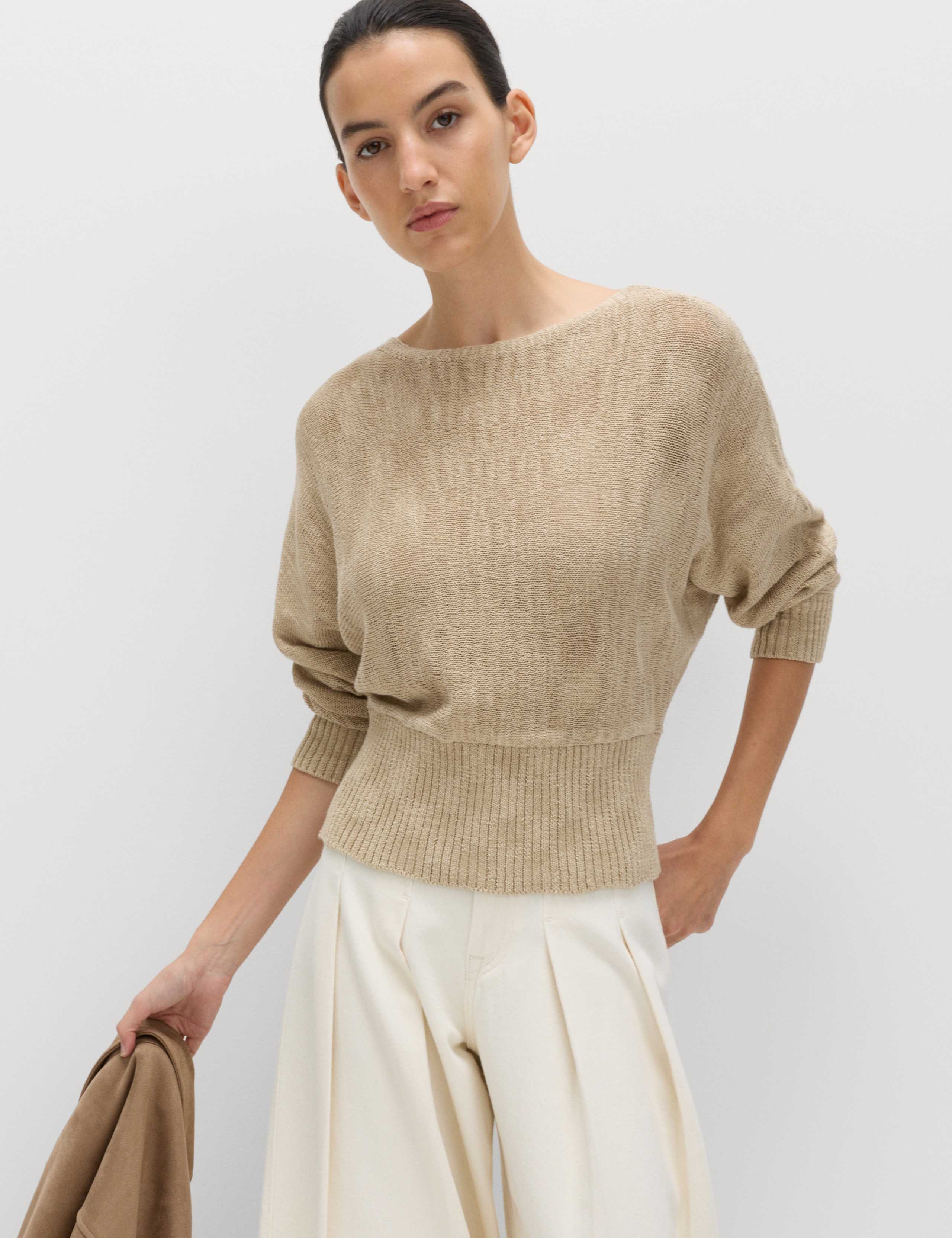 Cotton Rich Textured Slash Neck Relaxed Jumper