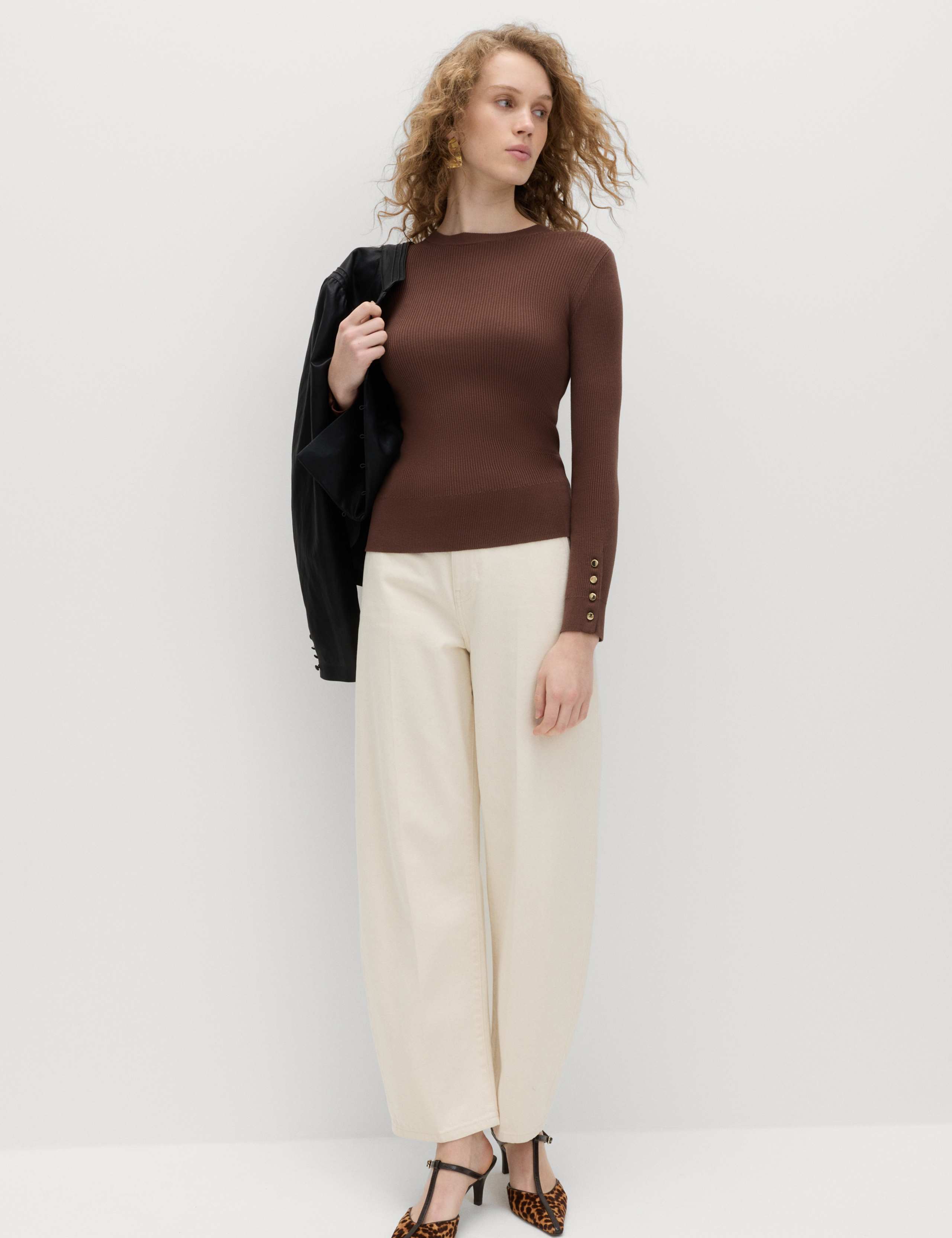 Ribbed Crew Neck Button Detail Jumper