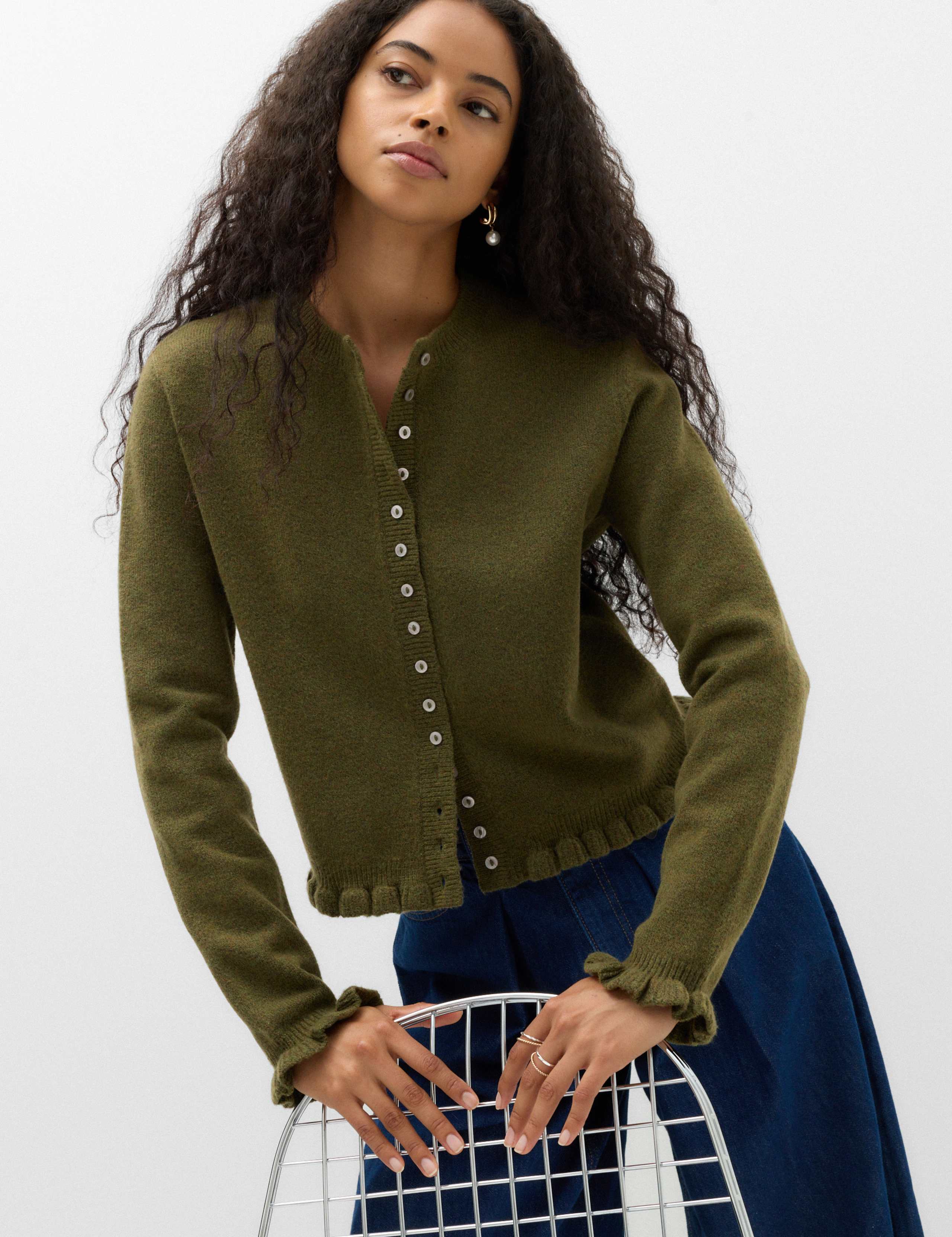 Ruffle Crew Neck Cardigan