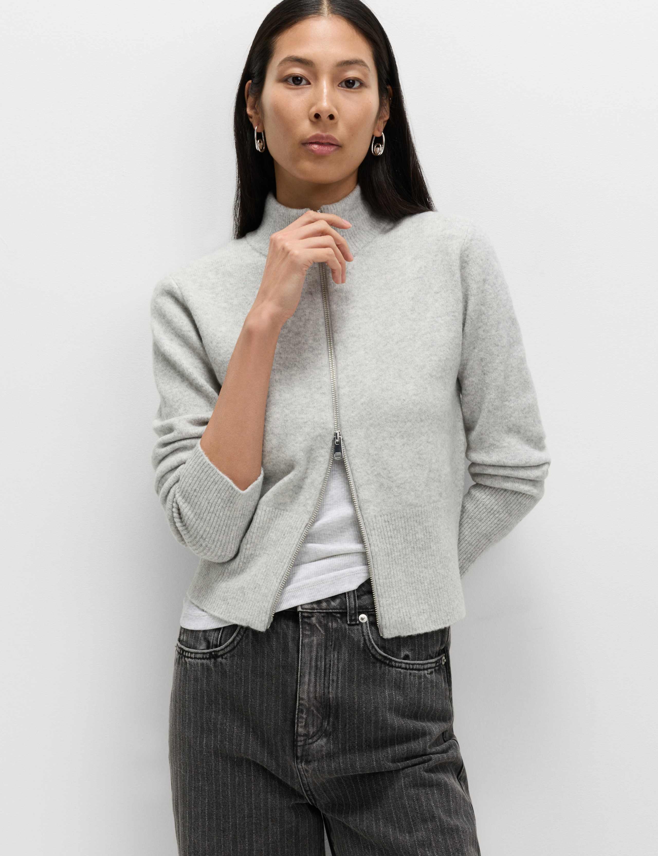 Funnel Neck Zip Up Knitted Jacket
